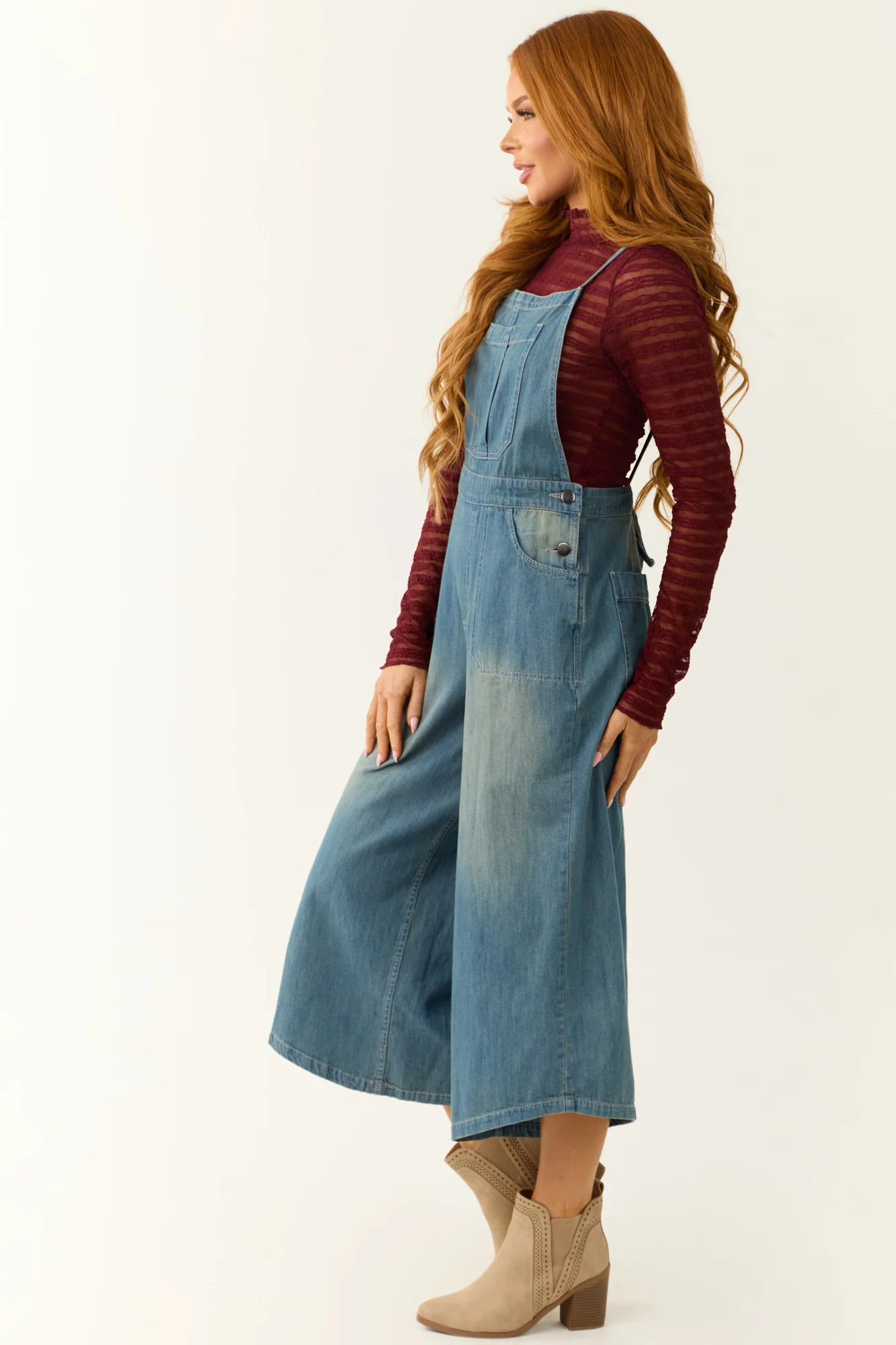 Denim Wide Leg Overalls Jumpsuit in Medium Wash - Womens Fashion