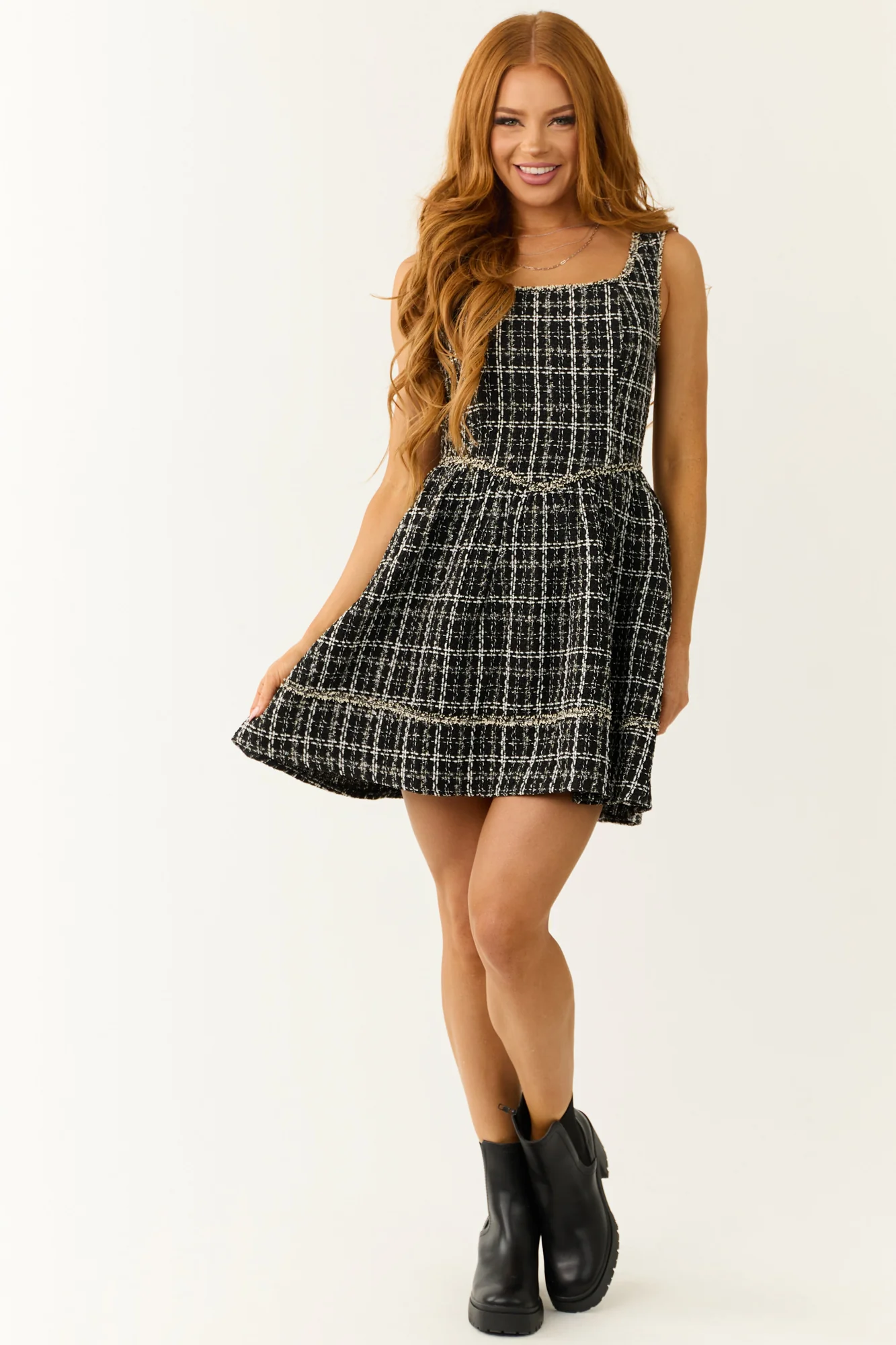 Tweed Sleeveless Plaid Dress in Black and White