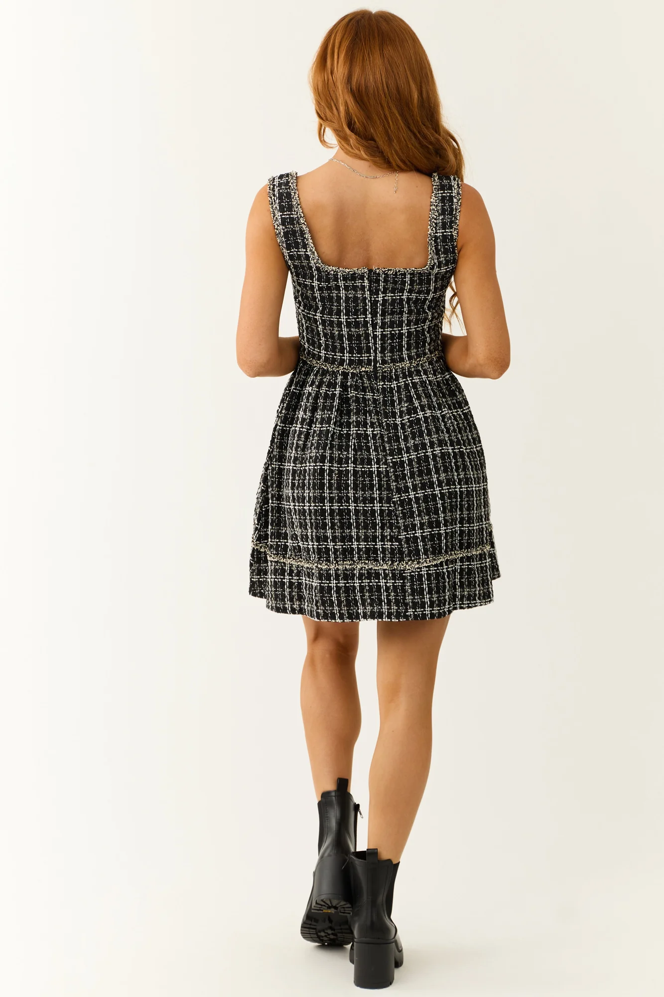 Tweed Sleeveless Plaid Dress in Black and White