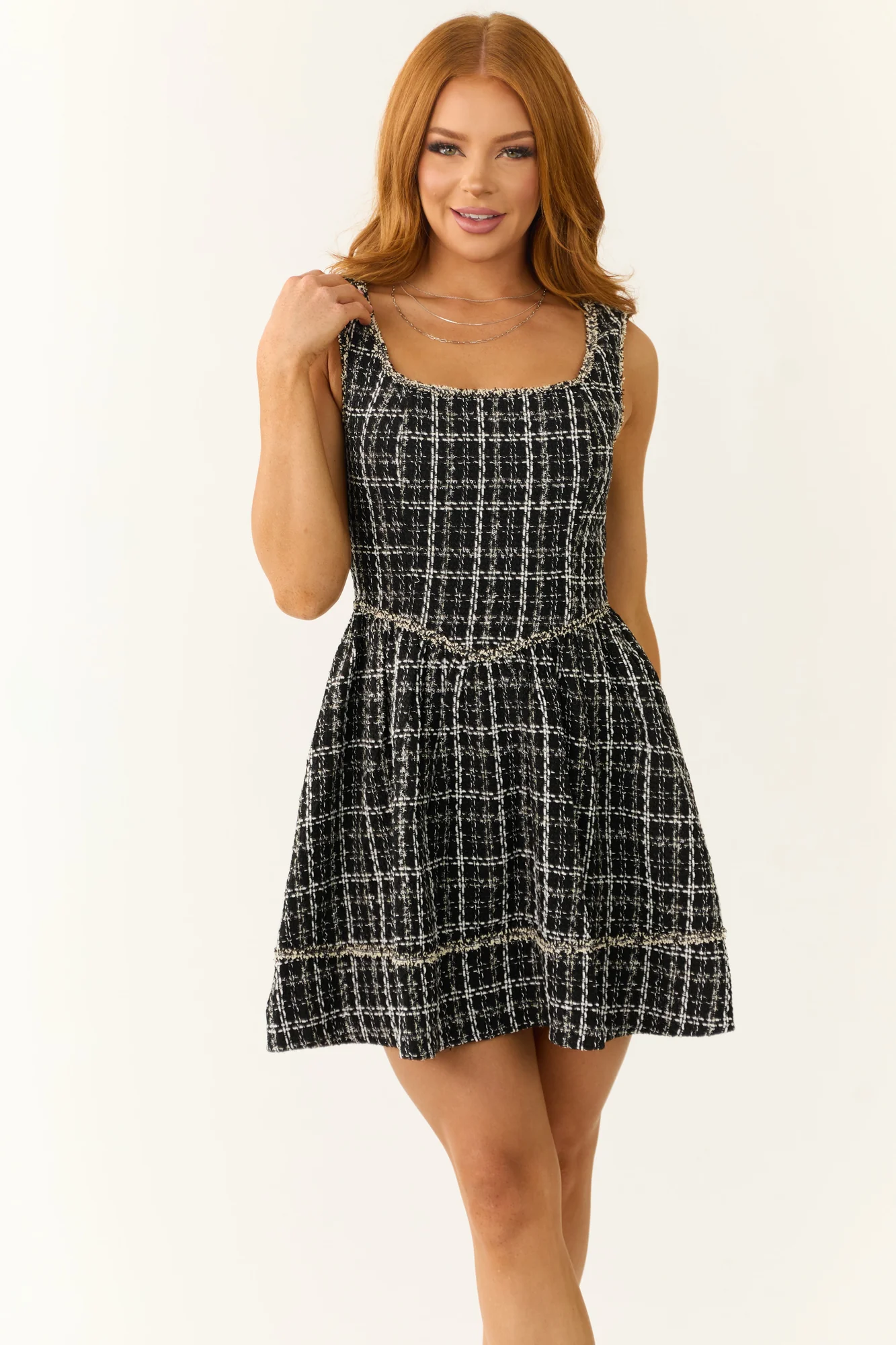 Tweed Sleeveless Plaid Dress in Black and White