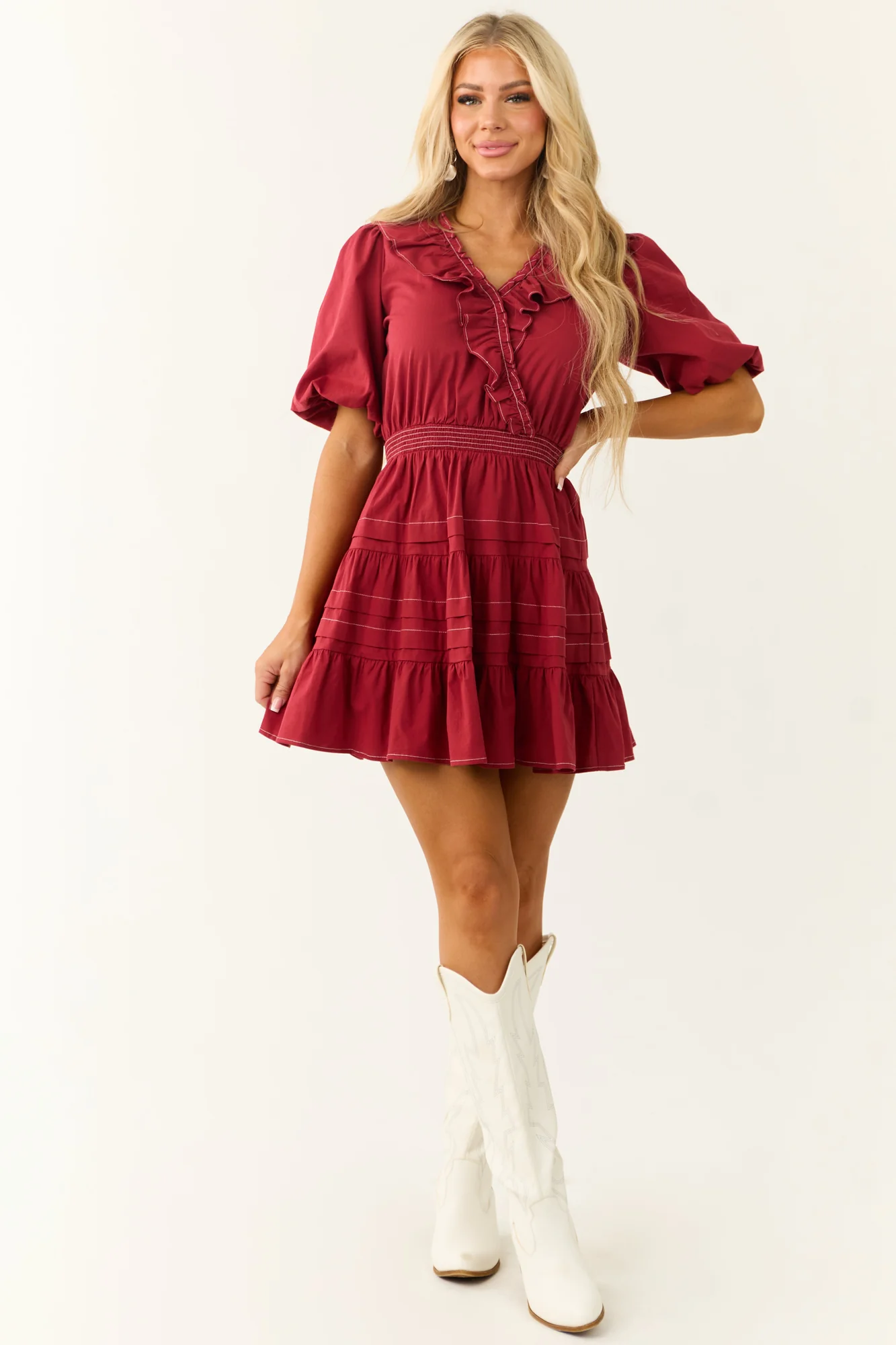 Burgundy Surplice Wrap Mini Dress