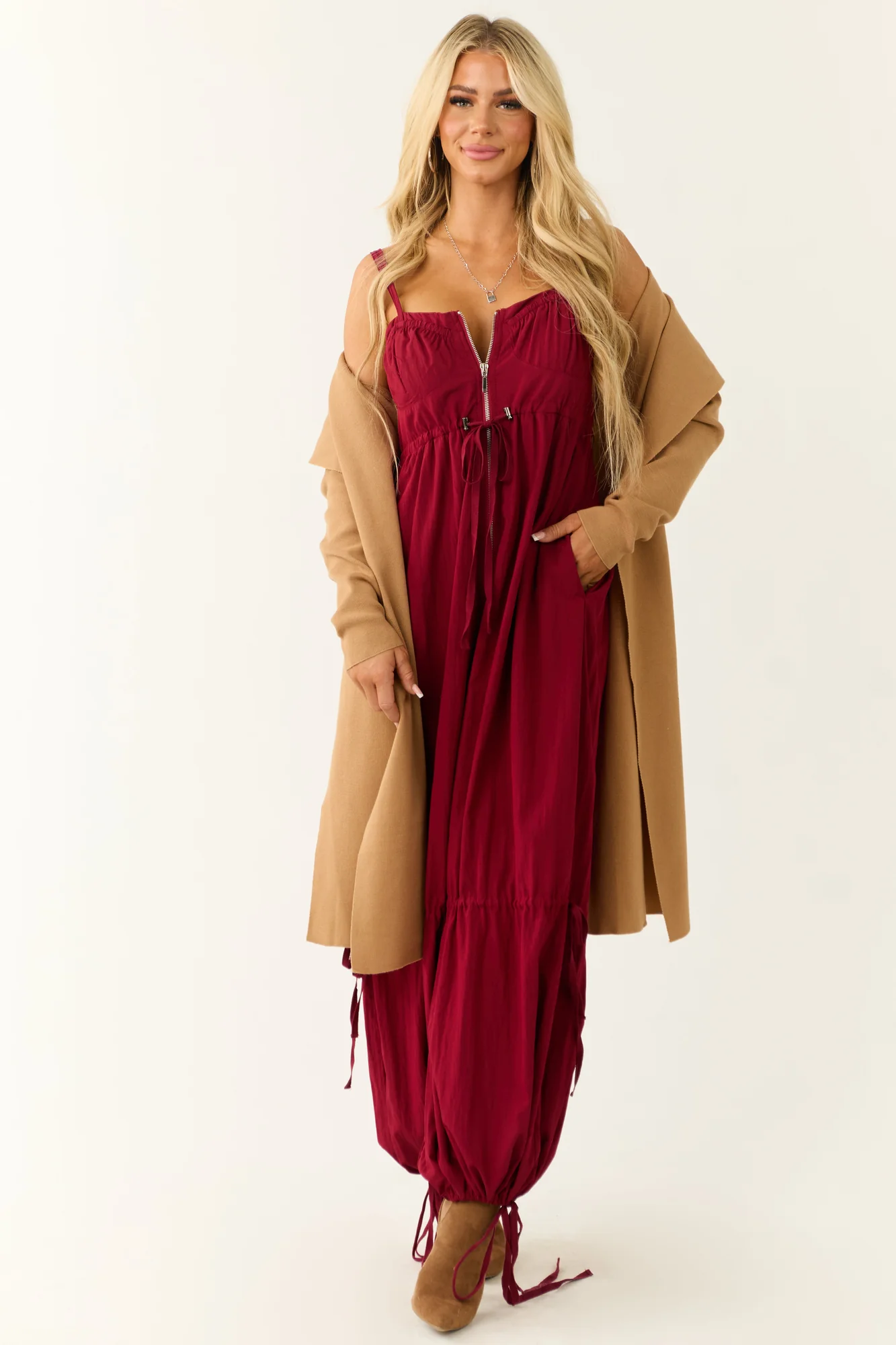 Maroon Drawstring Sleeveless Jumpsuit