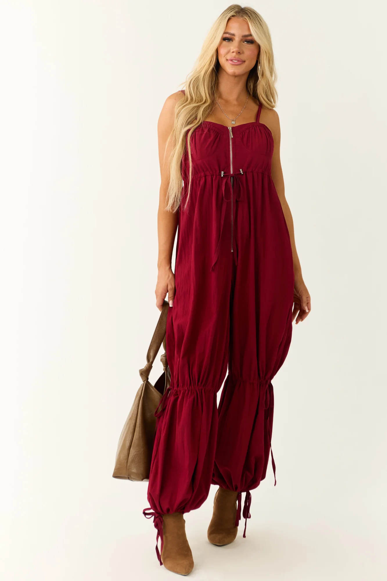 Maroon Drawstring Sleeveless Jumpsuit