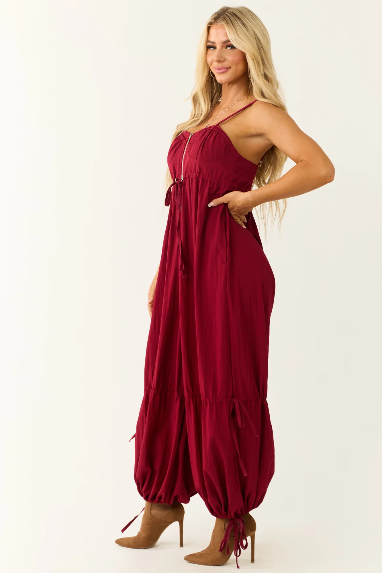 Maroon Drawstring Sleeveless Jumpsuit