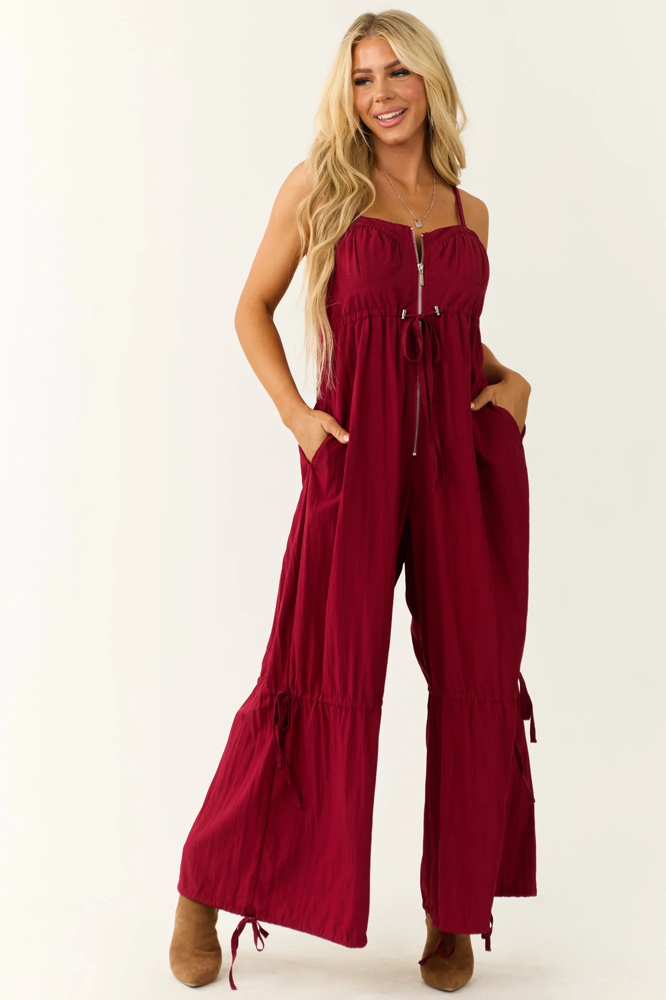 Maroon Drawstring Sleeveless Jumpsuit