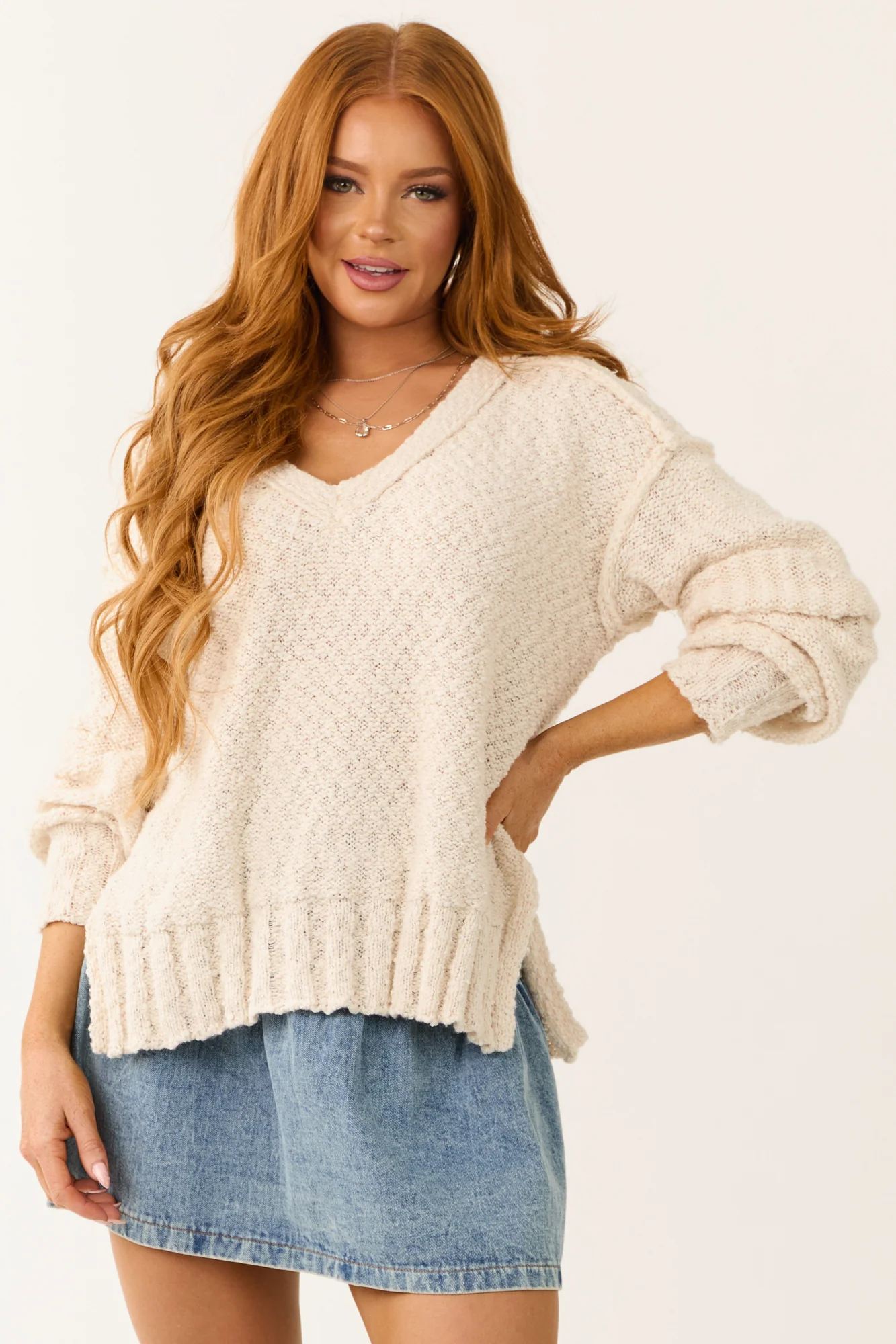 Ivory Ribbed Knit V-Neck Sweater