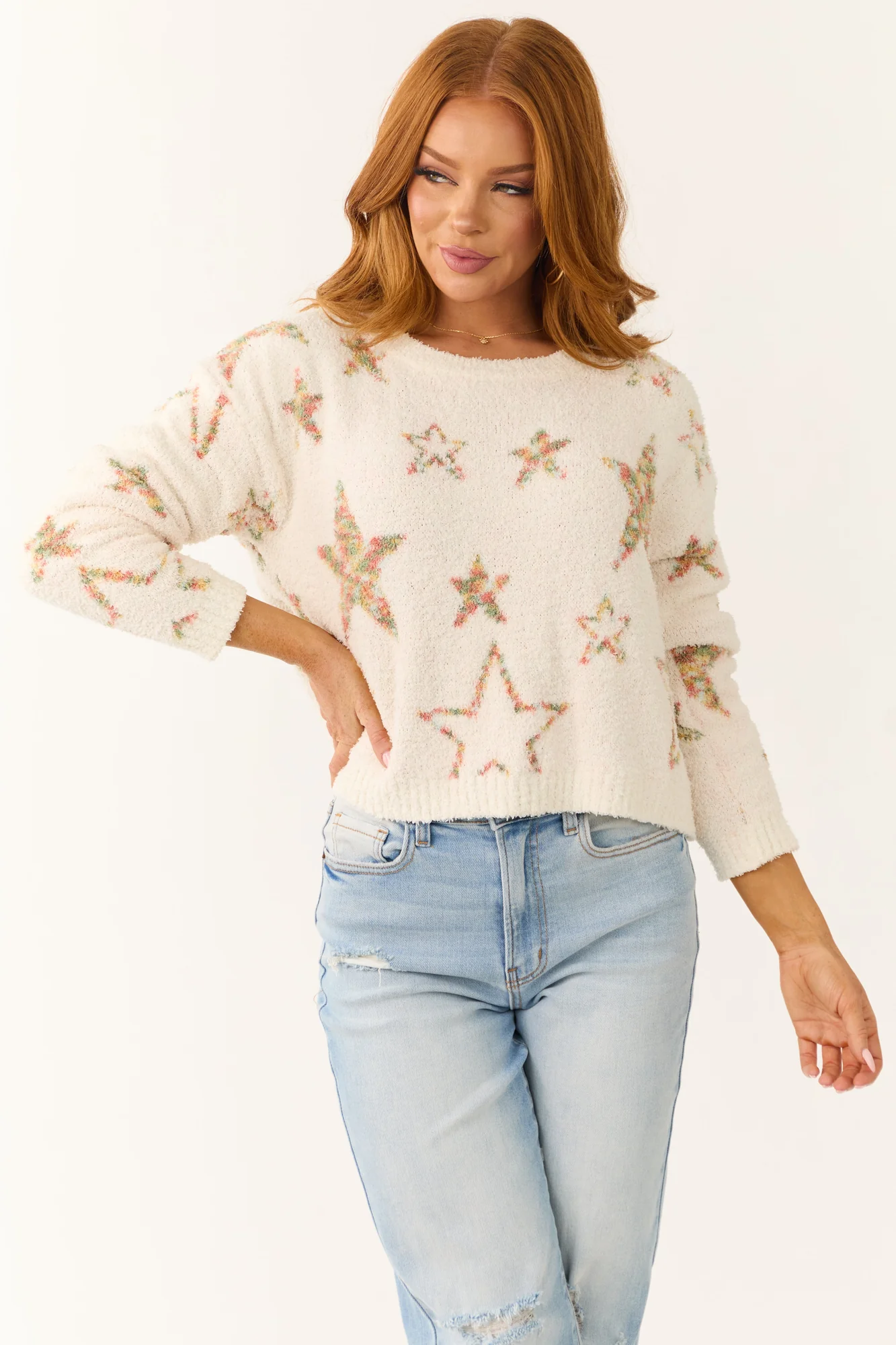 Ivory Star Pattern Knit Sweater - Soft & Stretchy Long Sleeve Pullover