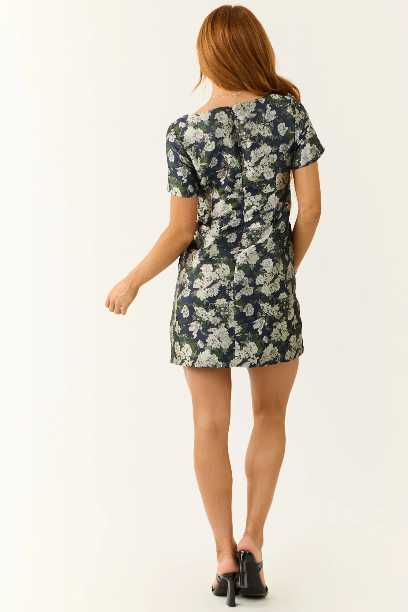 Floral Navy Short Sleeve Mini Dress Square Neckline