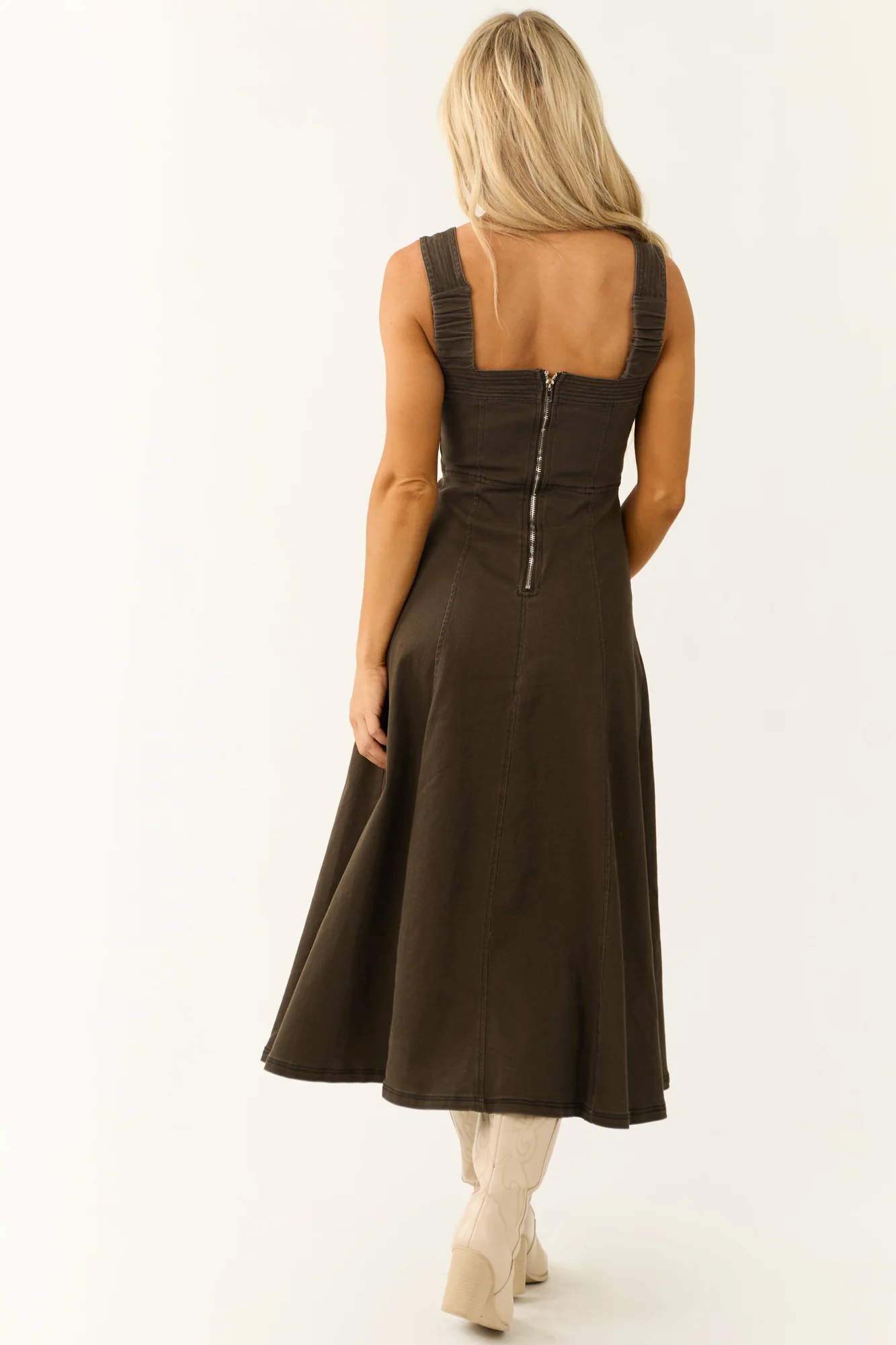 Army Green Denim Square Neck Midi Dress