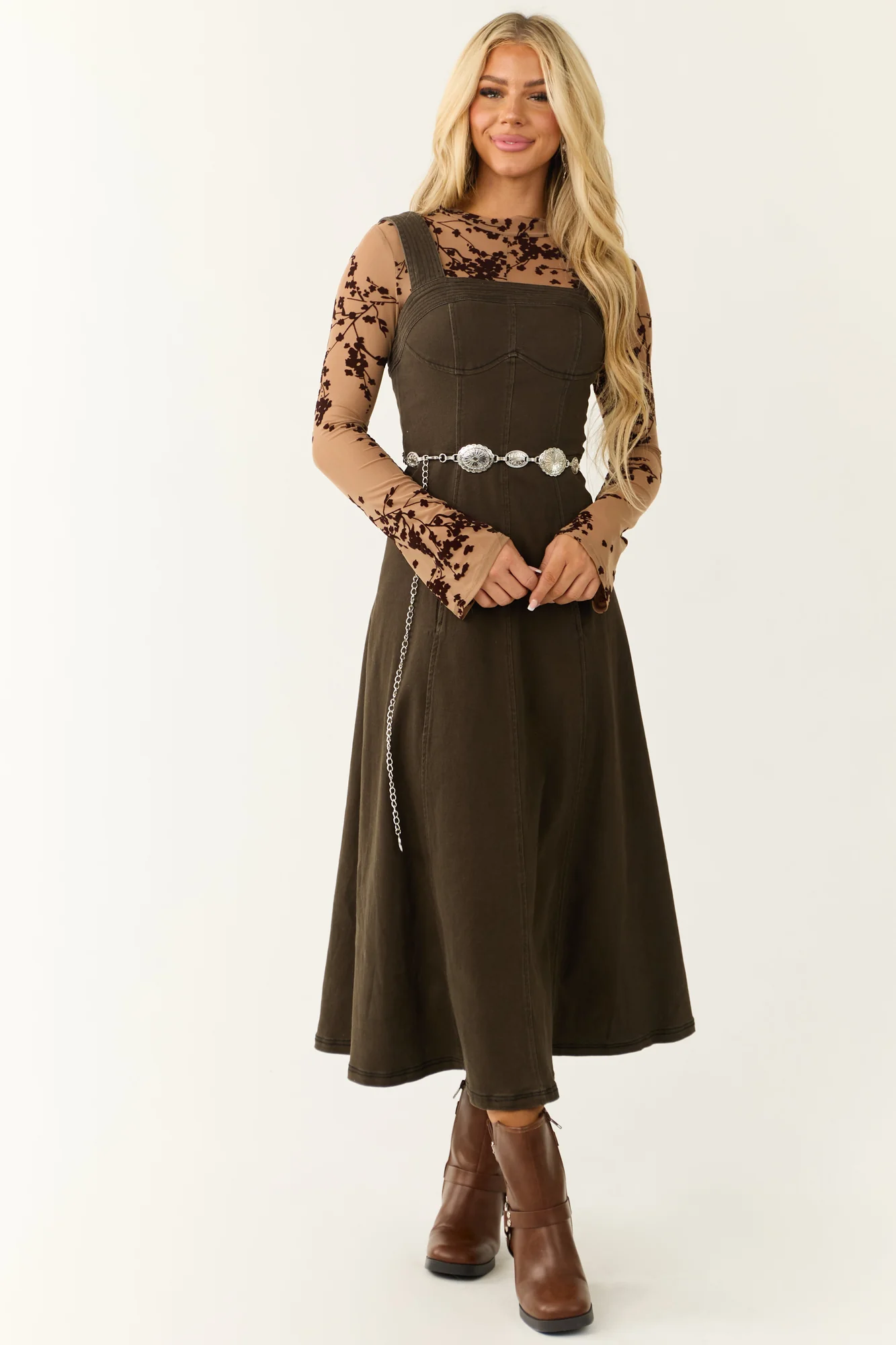 Army Green Denim Square Neck Midi Dress