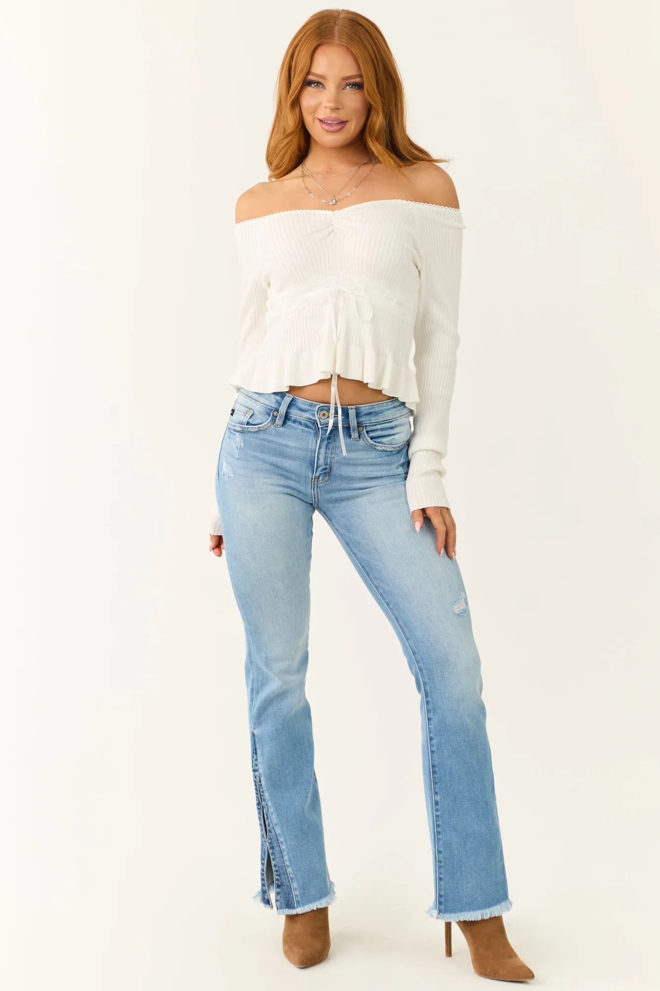 White Ribbed Knit Off the Shoulder Crop Top