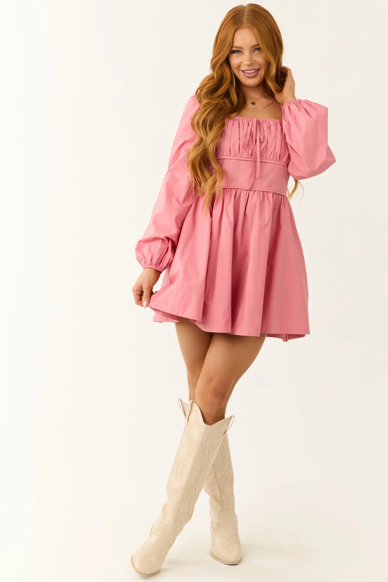 Baby Pink Pleated Square Neckline Cotton Dress