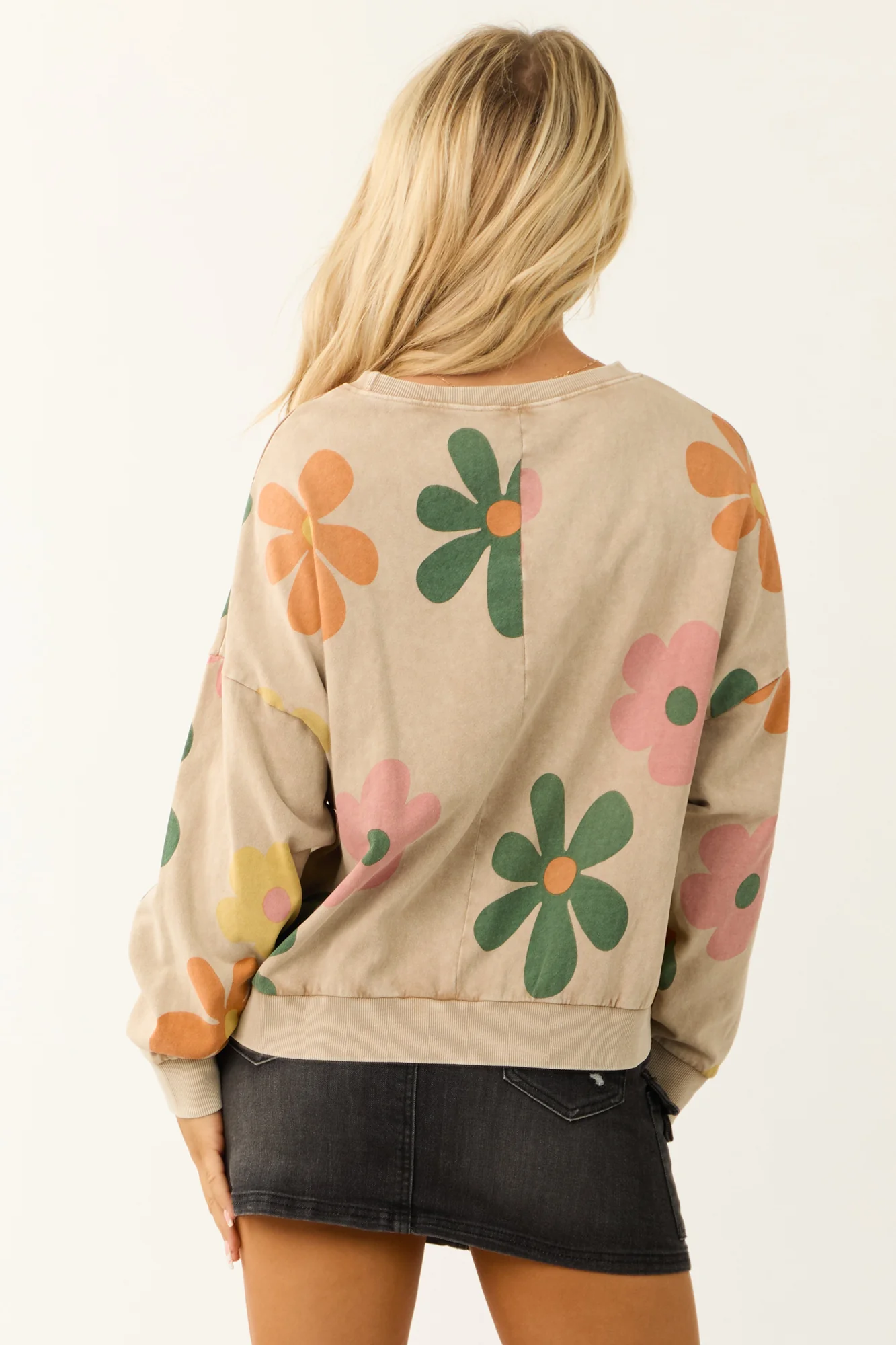 Floral Print French Terry Sweatshirt in Latte Color