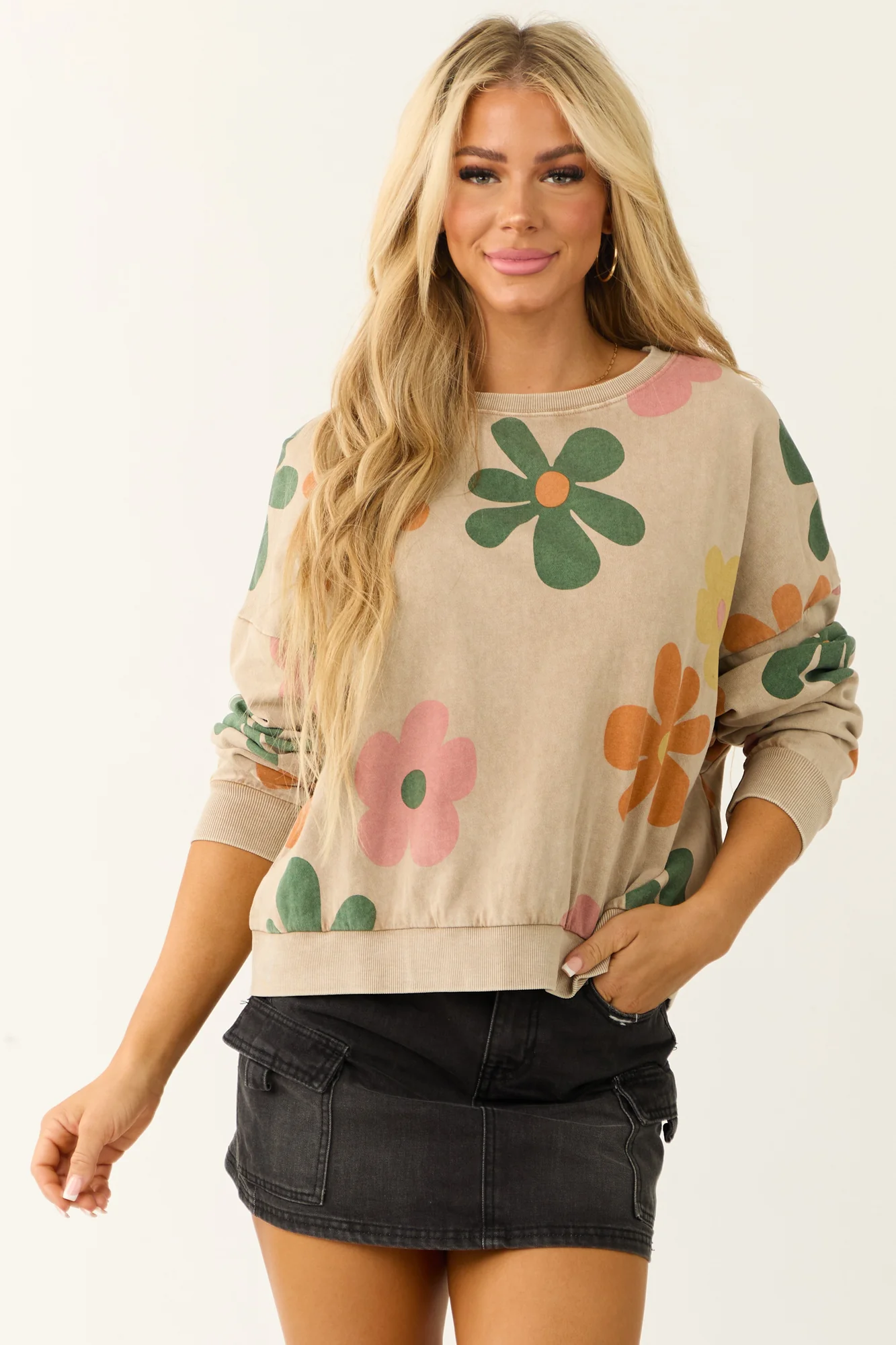 Floral Print French Terry Sweatshirt in Latte Color