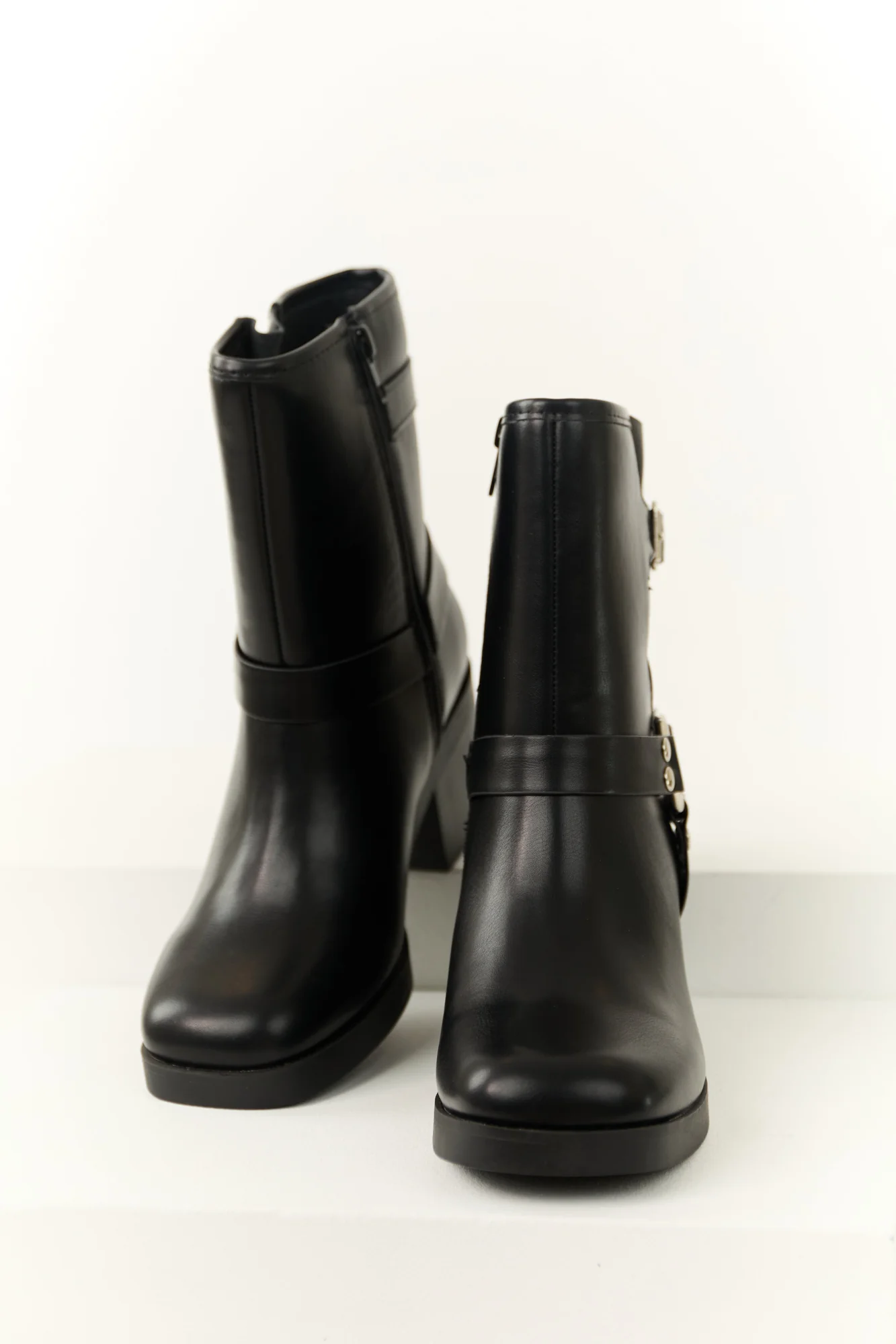Chunky Heel Black Buckle Boots - Womens Fashion Footwear