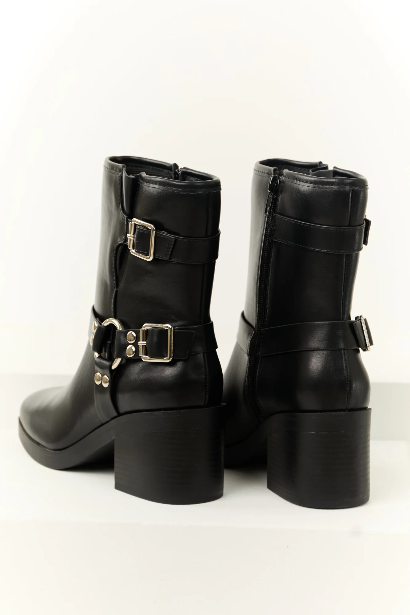 Chunky Heel Black Buckle Boots - Womens Fashion Footwear