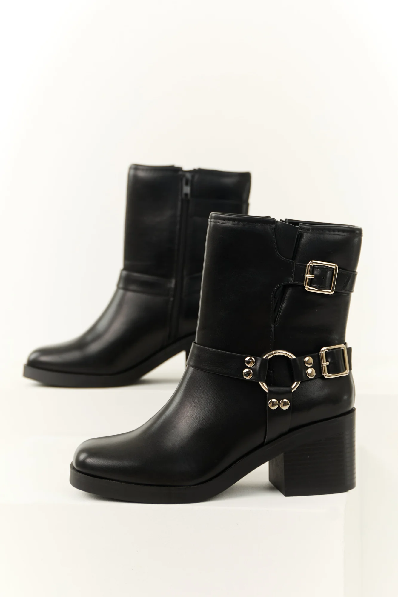 Chunky Heel Black Buckle Boots - Womens Fashion Footwear
