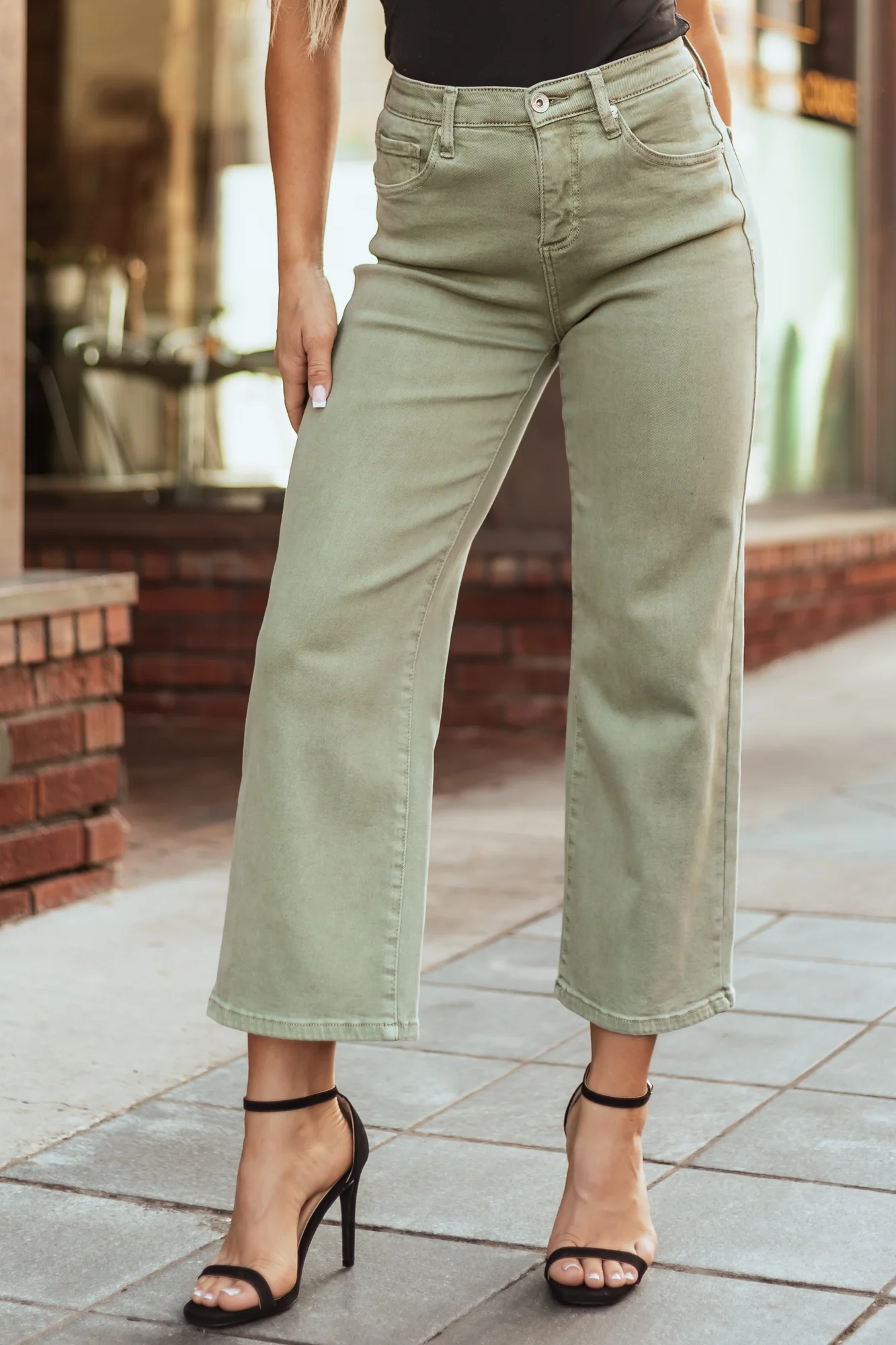 Green Wide Leg Jeans for Women High Rise Crop Pants