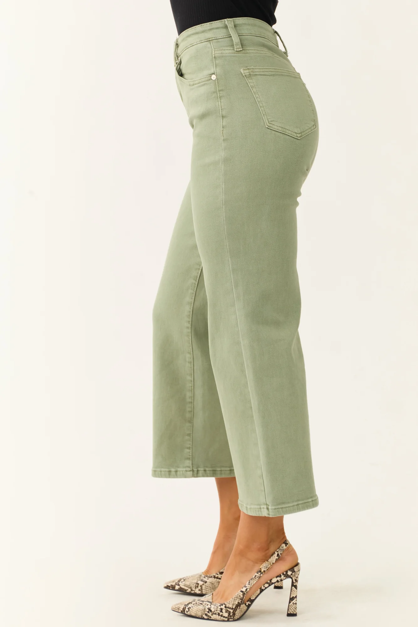 Green Wide Leg Jeans for Women High Rise Crop Pants