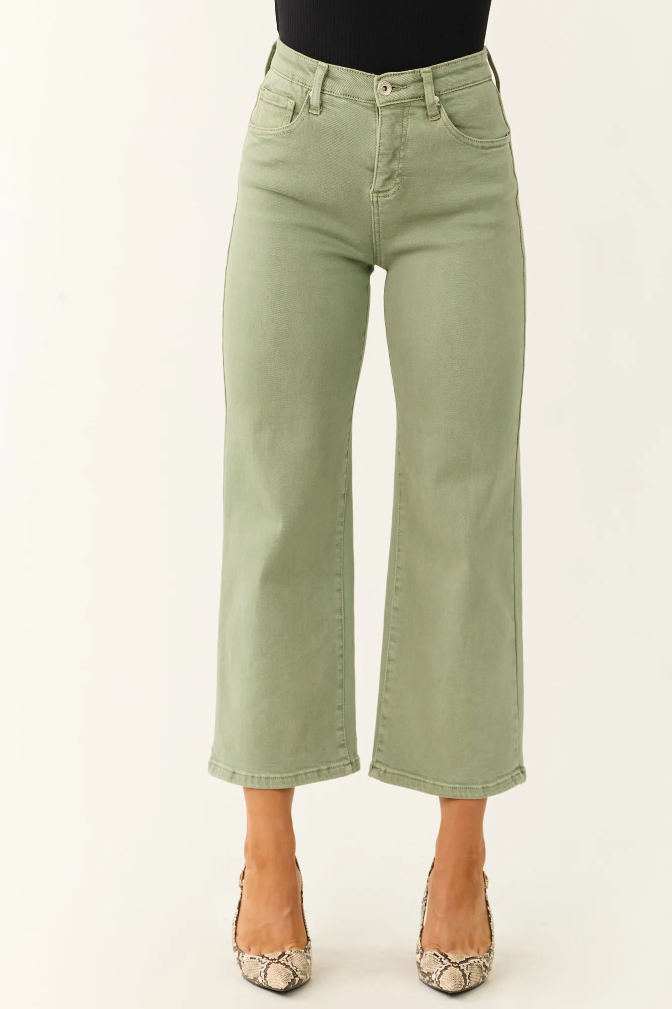 Green Wide Leg Jeans for Women High Rise Crop Pants