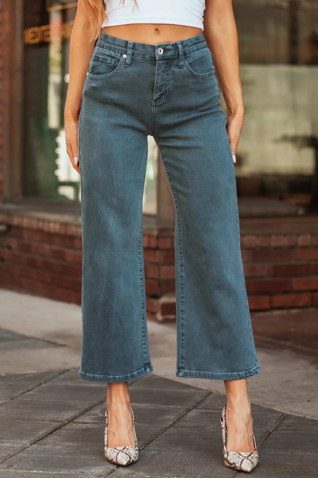 Blue Wide Leg High Rise Stretch Denim Jeans
