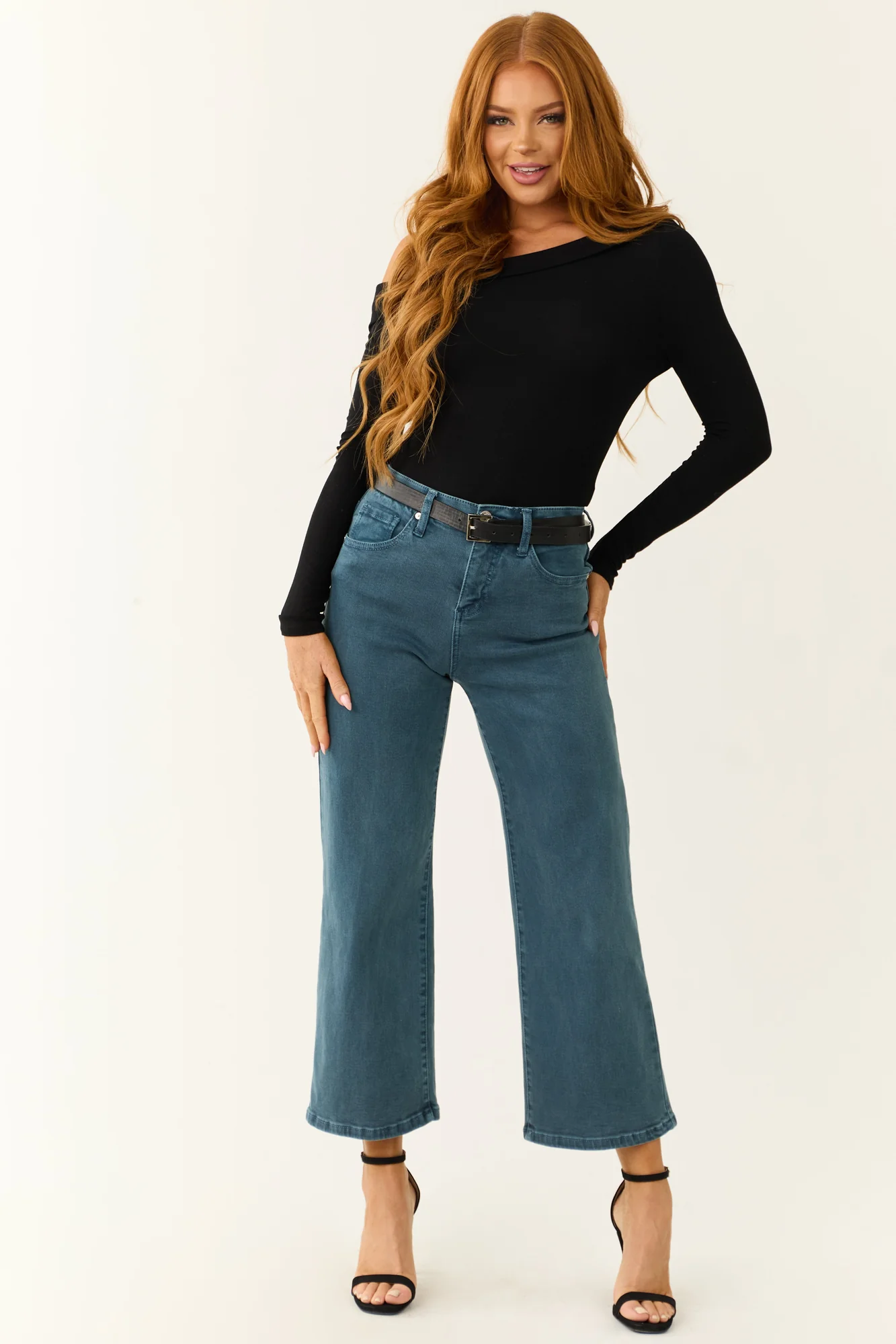 Blue Wide Leg High Rise Stretch Denim Jeans