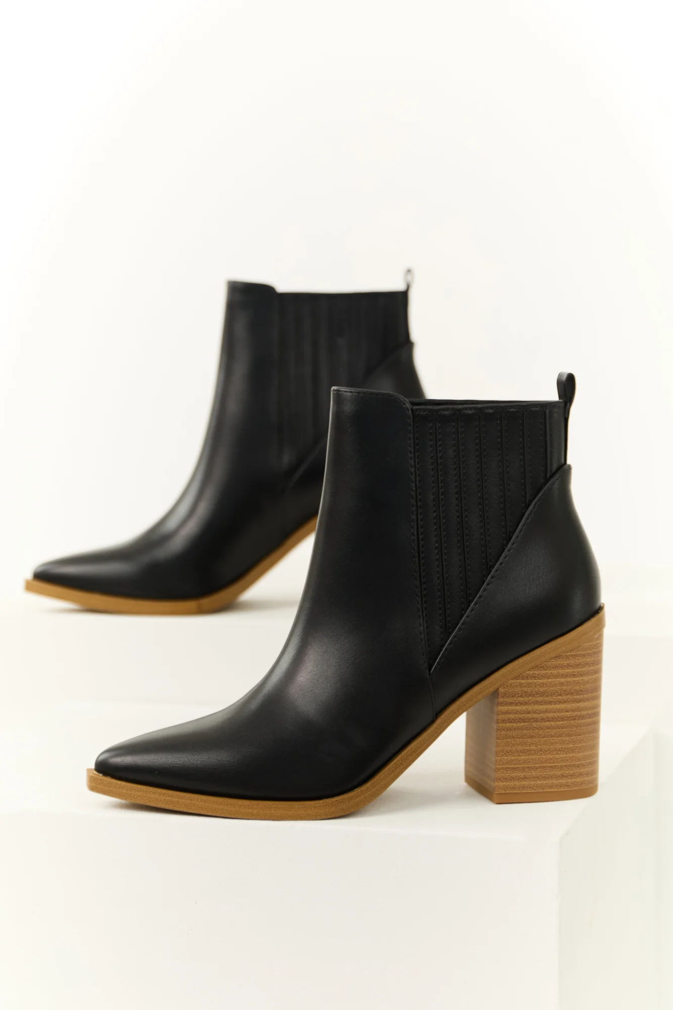 Faux Leather Heeled Bootie with Side Panels - Black