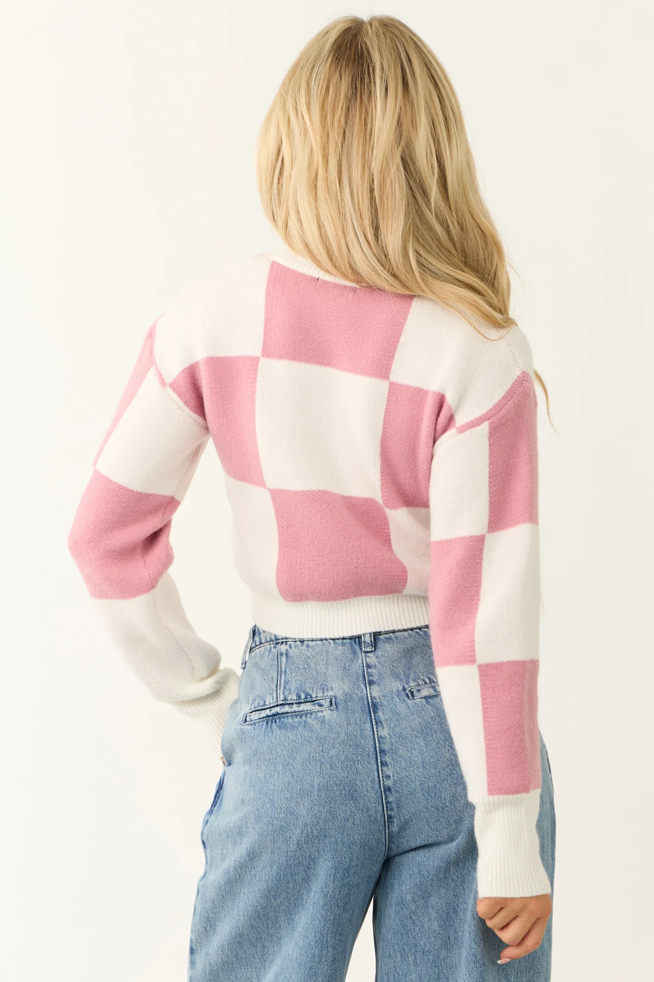 Checkered Crop Sweater in Bubblegum and Ivory (S M L Sizes)