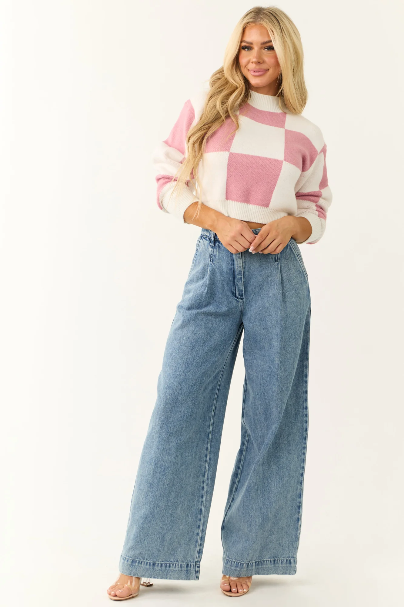 Checkered Crop Sweater in Bubblegum and Ivory (S M L Sizes)