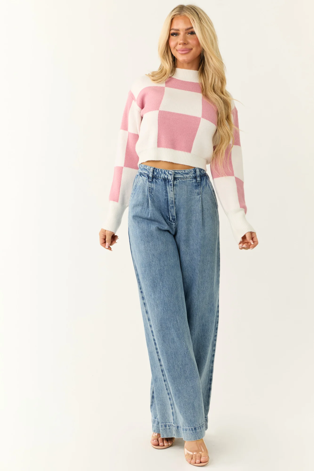 Checkered Crop Sweater in Bubblegum and Ivory (S M L Sizes)