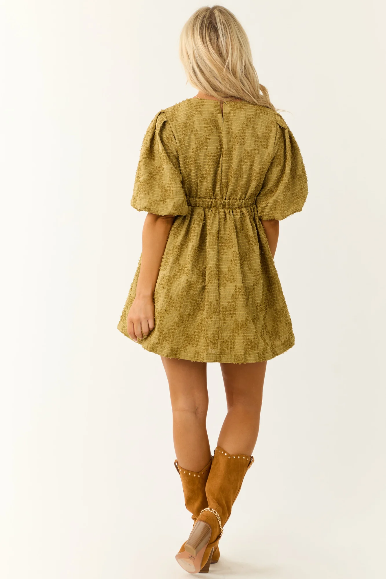 Green Textured Puff Sleeve V-Neck Mini Dress