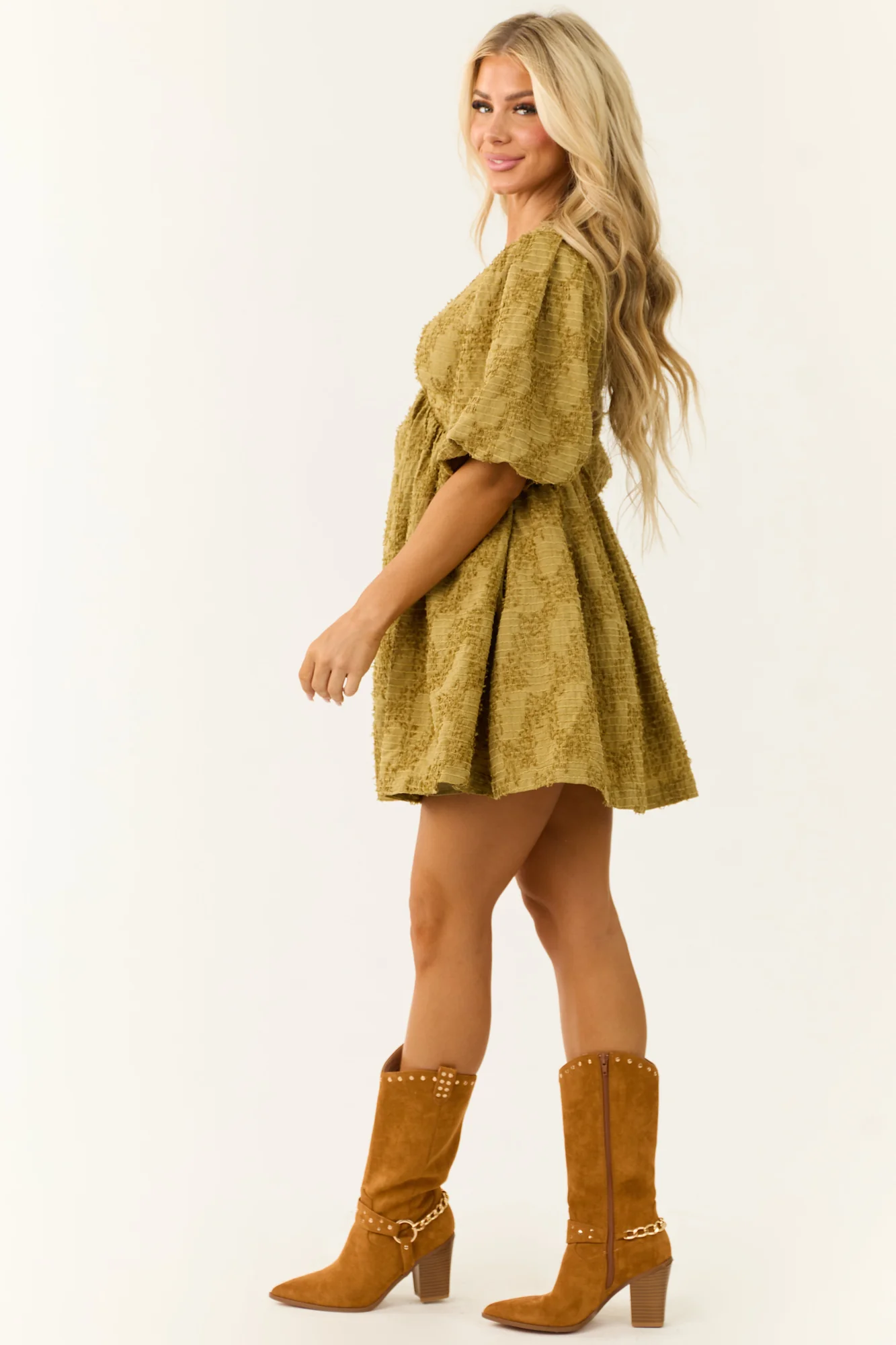 Green Textured Puff Sleeve V-Neck Mini Dress
