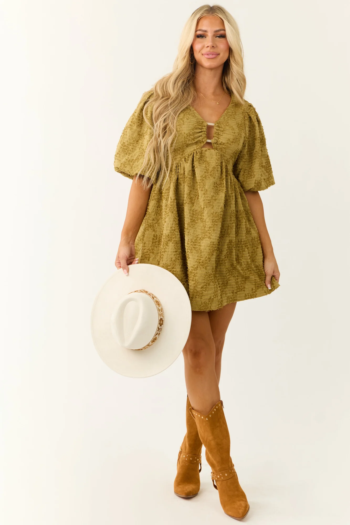 Green Textured Puff Sleeve V-Neck Mini Dress