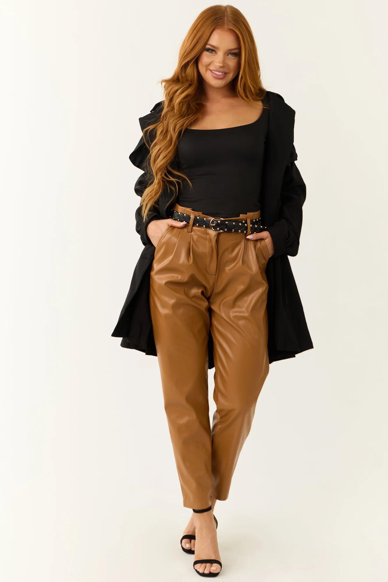 High Waist Brown Faux Leather Pants