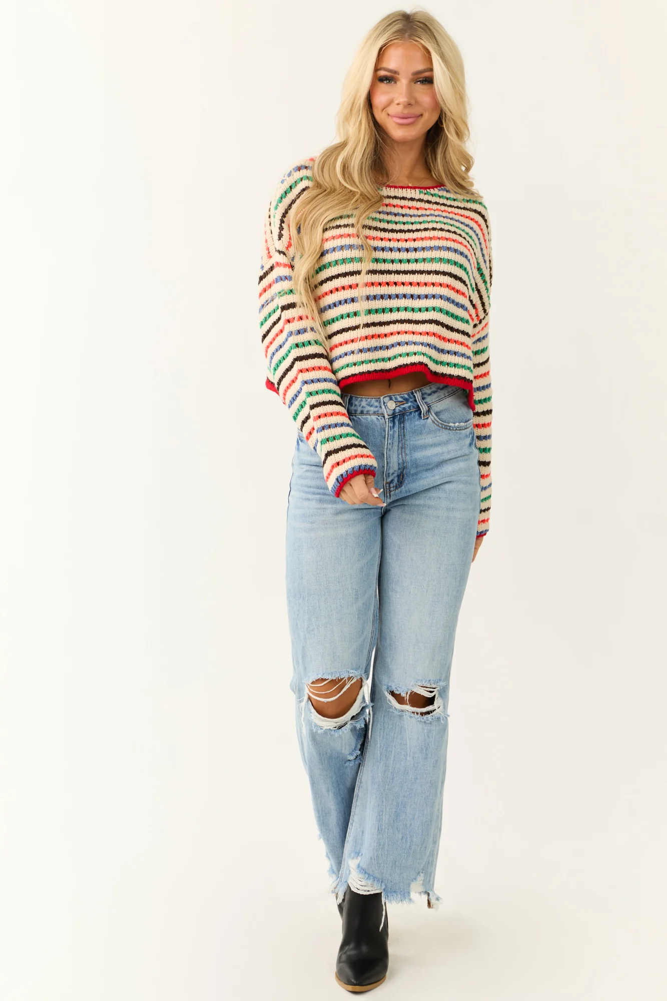 Striped Crochet Sweater - Neon Sunset Cornflower Kelly Green