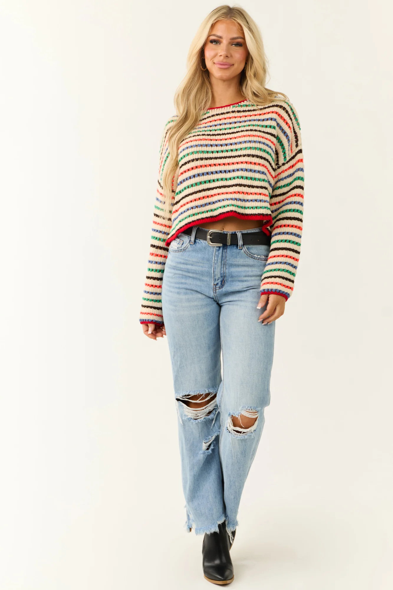 Striped Crochet Sweater - Neon Sunset Cornflower Kelly Green