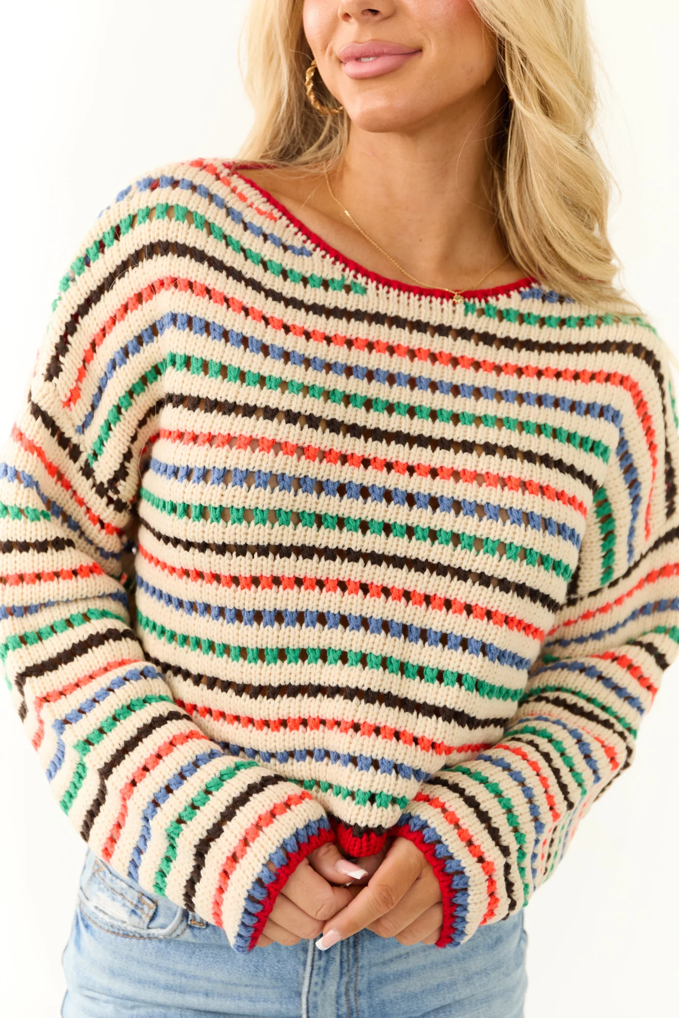 Striped Crochet Sweater - Neon Sunset Cornflower Kelly Green