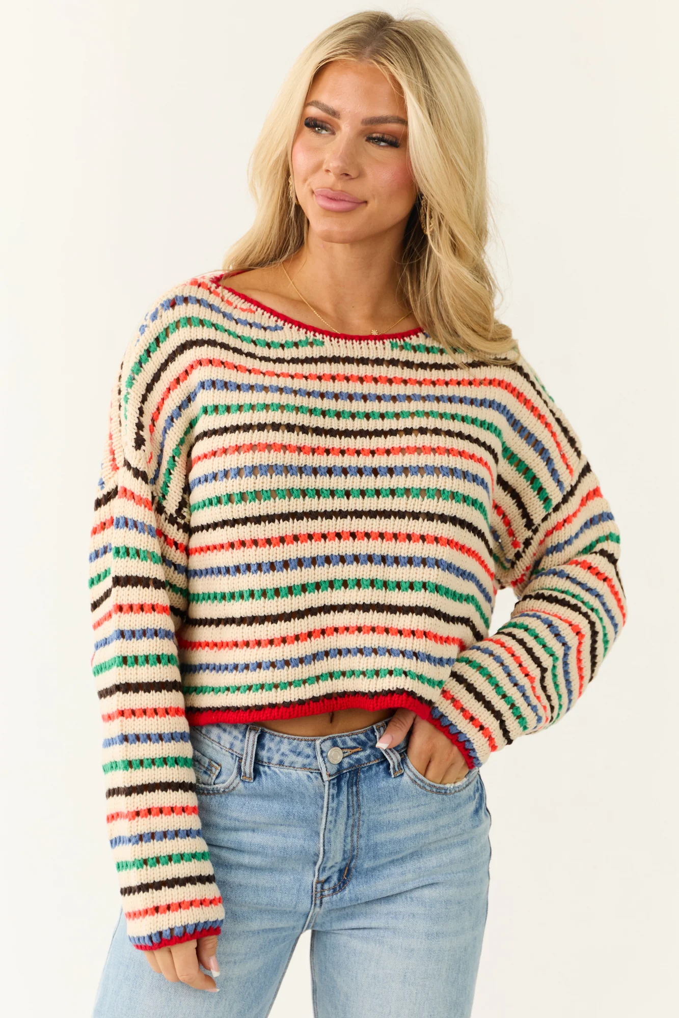 Striped Crochet Sweater - Neon Sunset Cornflower Kelly Green