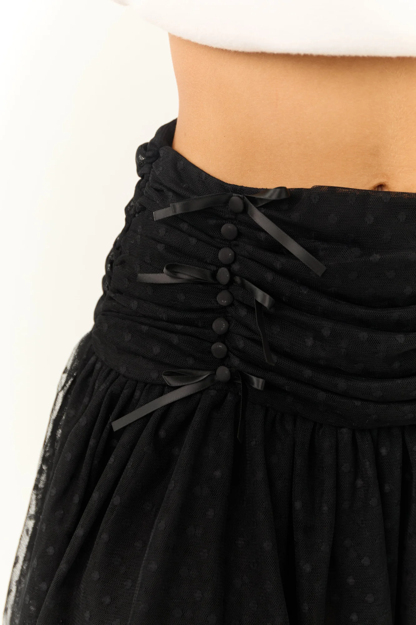 Polka Dot Mesh Bow Detail Mini Skirt in Black