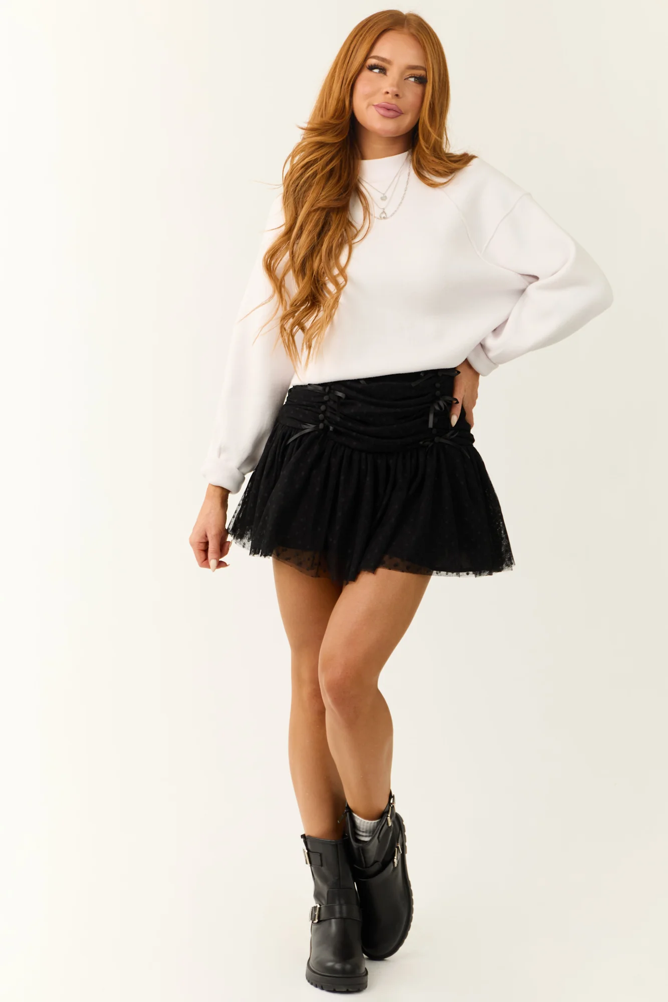 Polka Dot Mesh Bow Detail Mini Skirt in Black