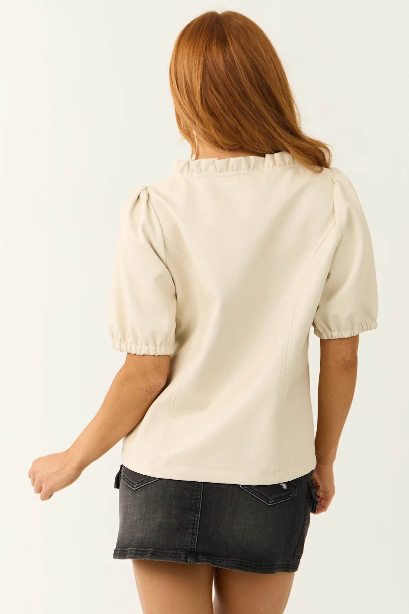 Faux Leather V-Neck Coconut Top with Puff Sleeves
