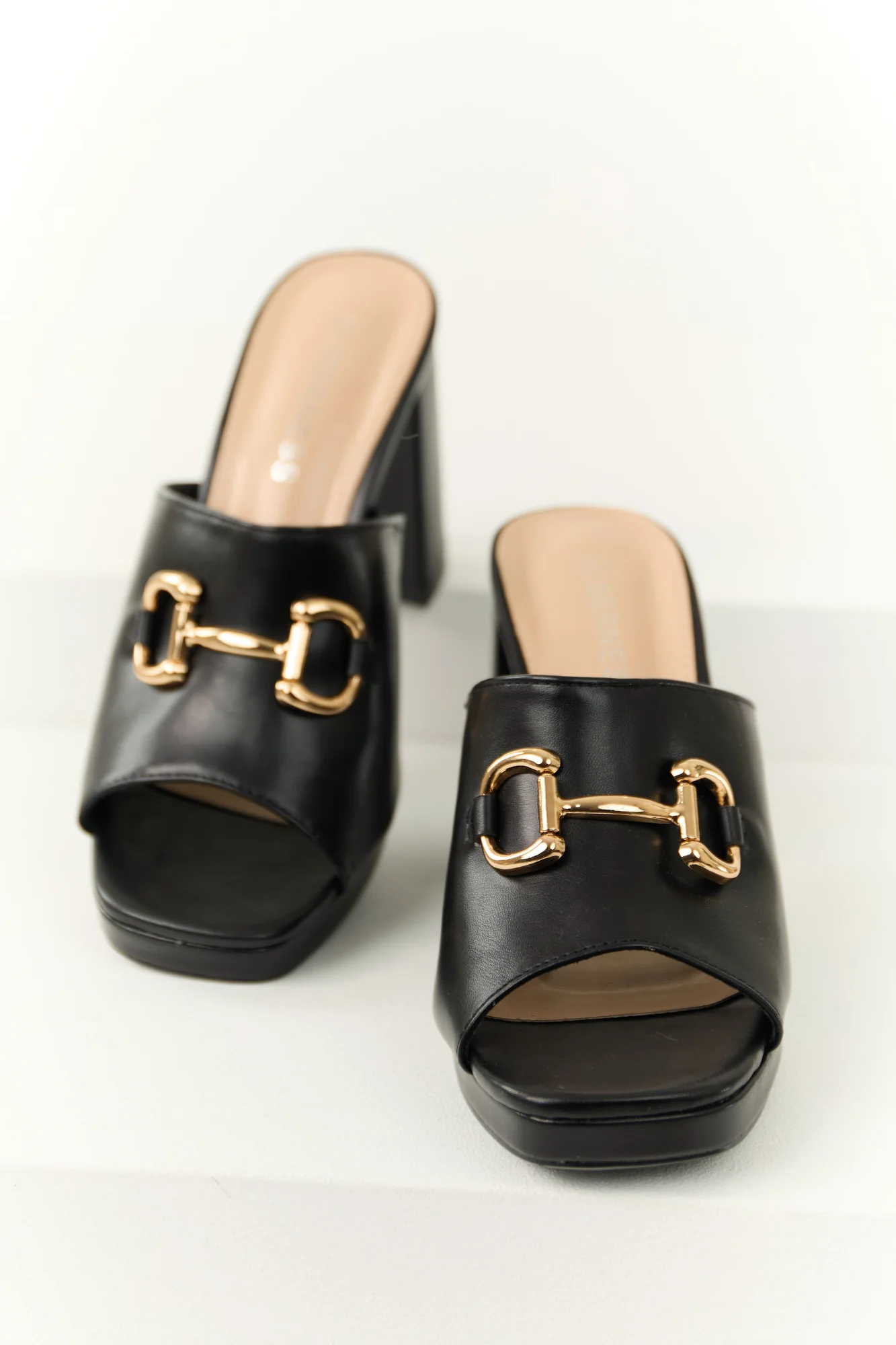 Black Slip-On Block Heels with Gold Buckle - Comfortable Style