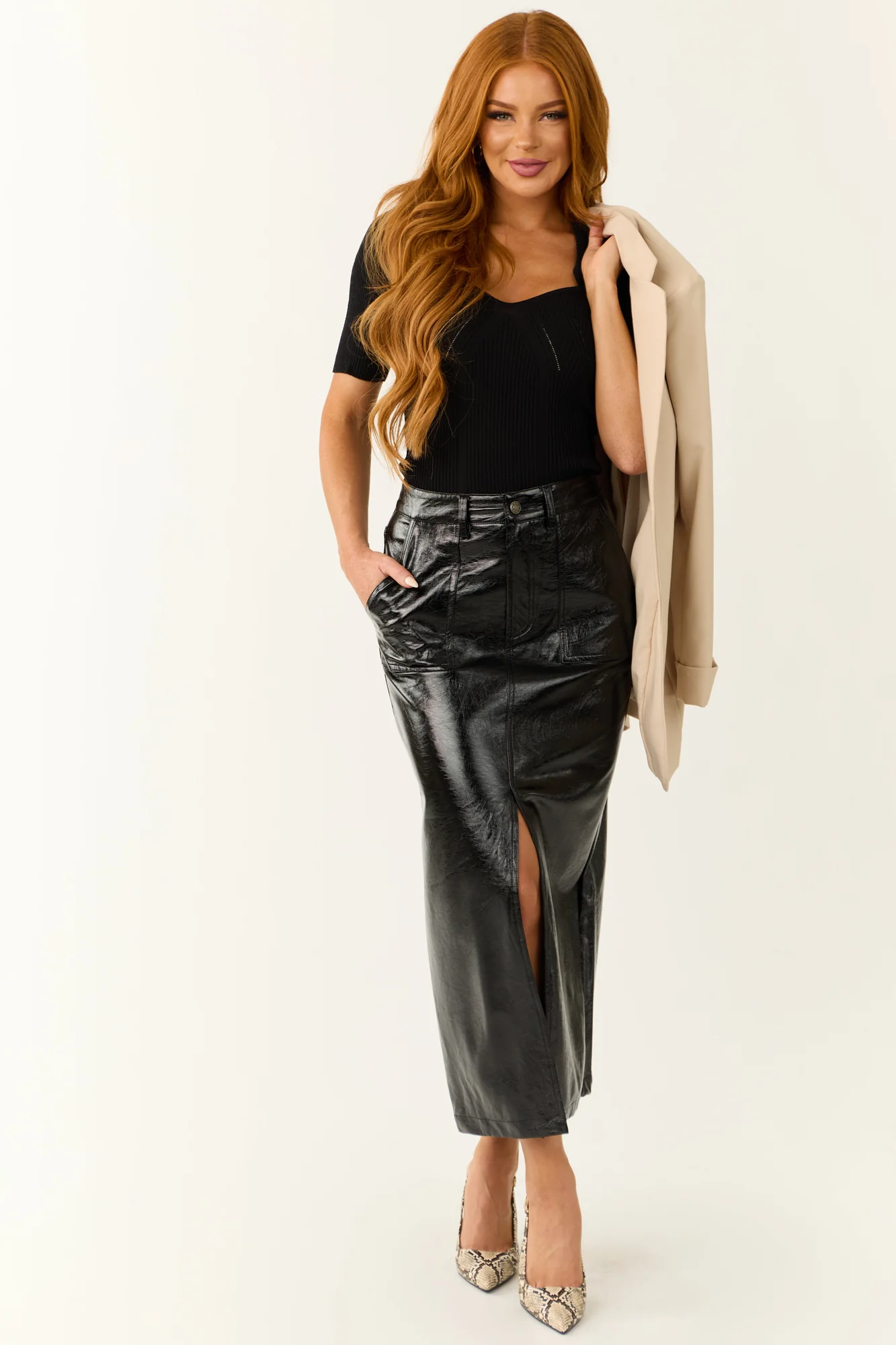 Black Faux Leather Front Slit Midi Skirt