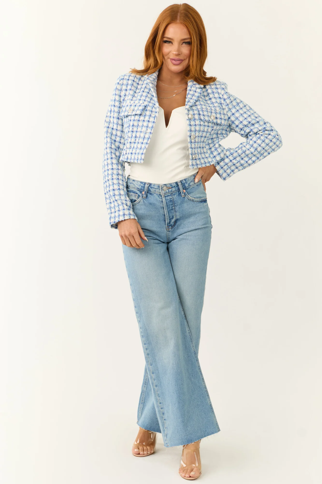 Sky Blue Tweed Plaid Cropped Jacket