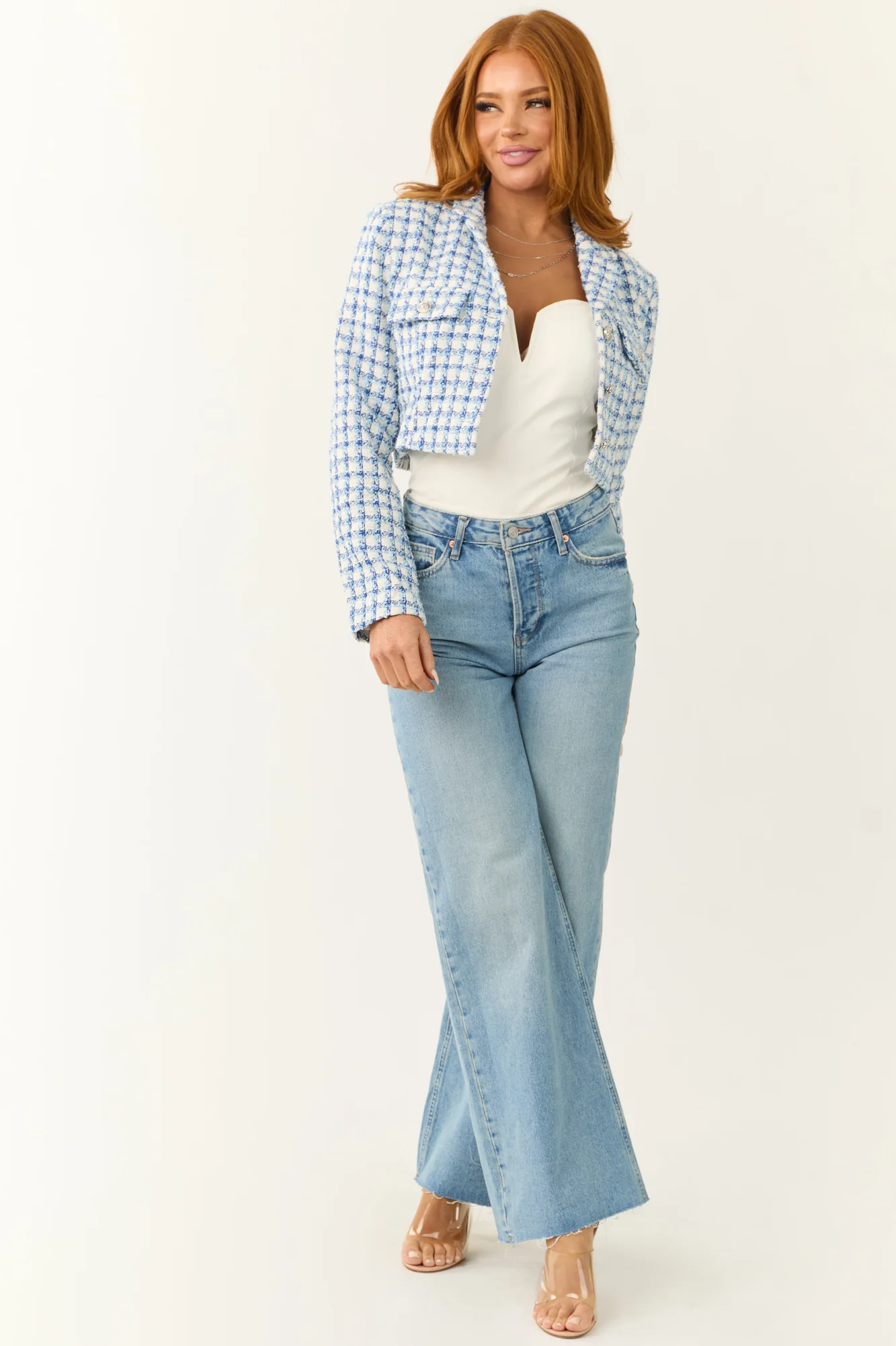 Sky Blue Tweed Plaid Cropped Jacket