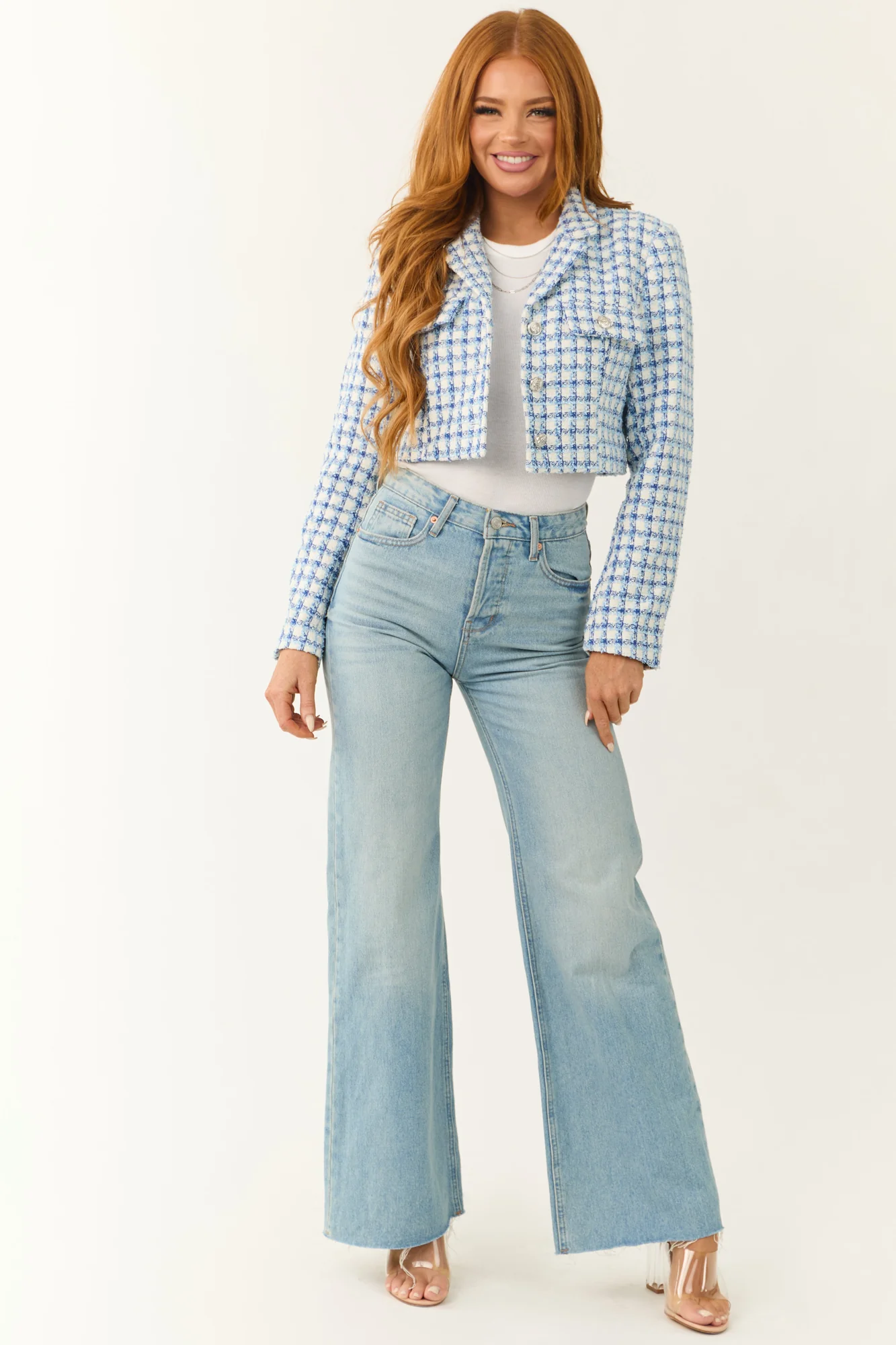 Sky Blue Tweed Plaid Cropped Jacket