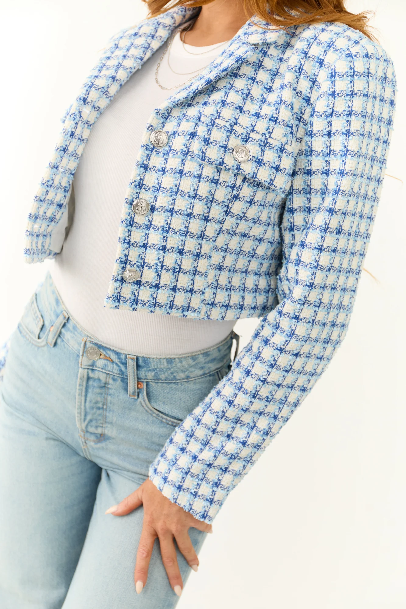 Sky Blue Tweed Plaid Cropped Jacket