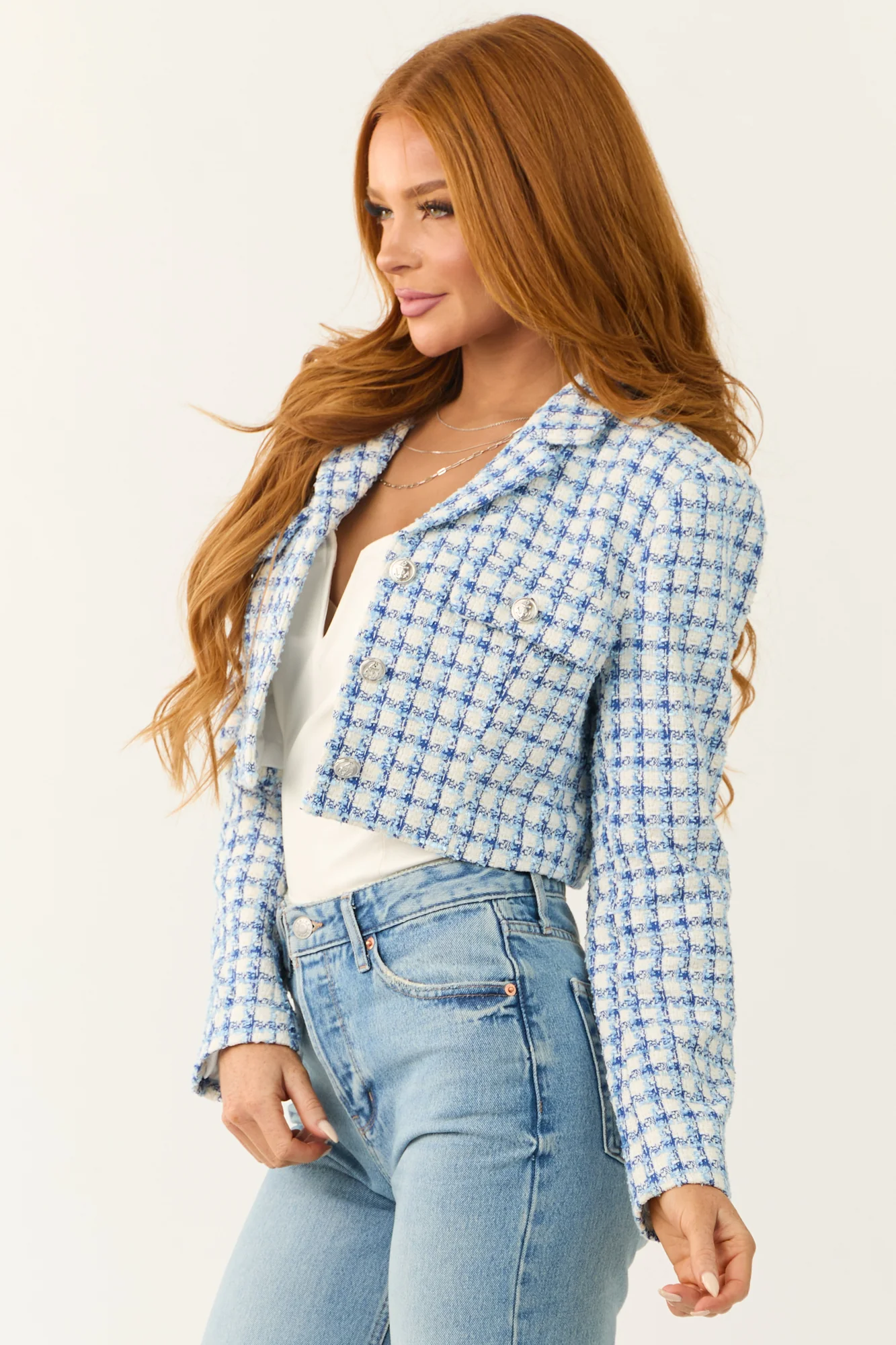 Sky Blue Tweed Plaid Cropped Jacket