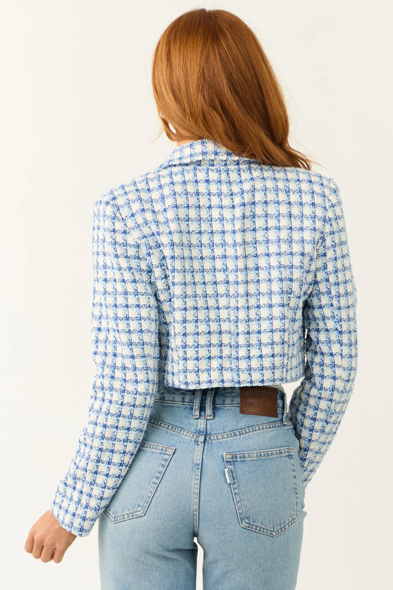 Sky Blue Tweed Plaid Cropped Jacket