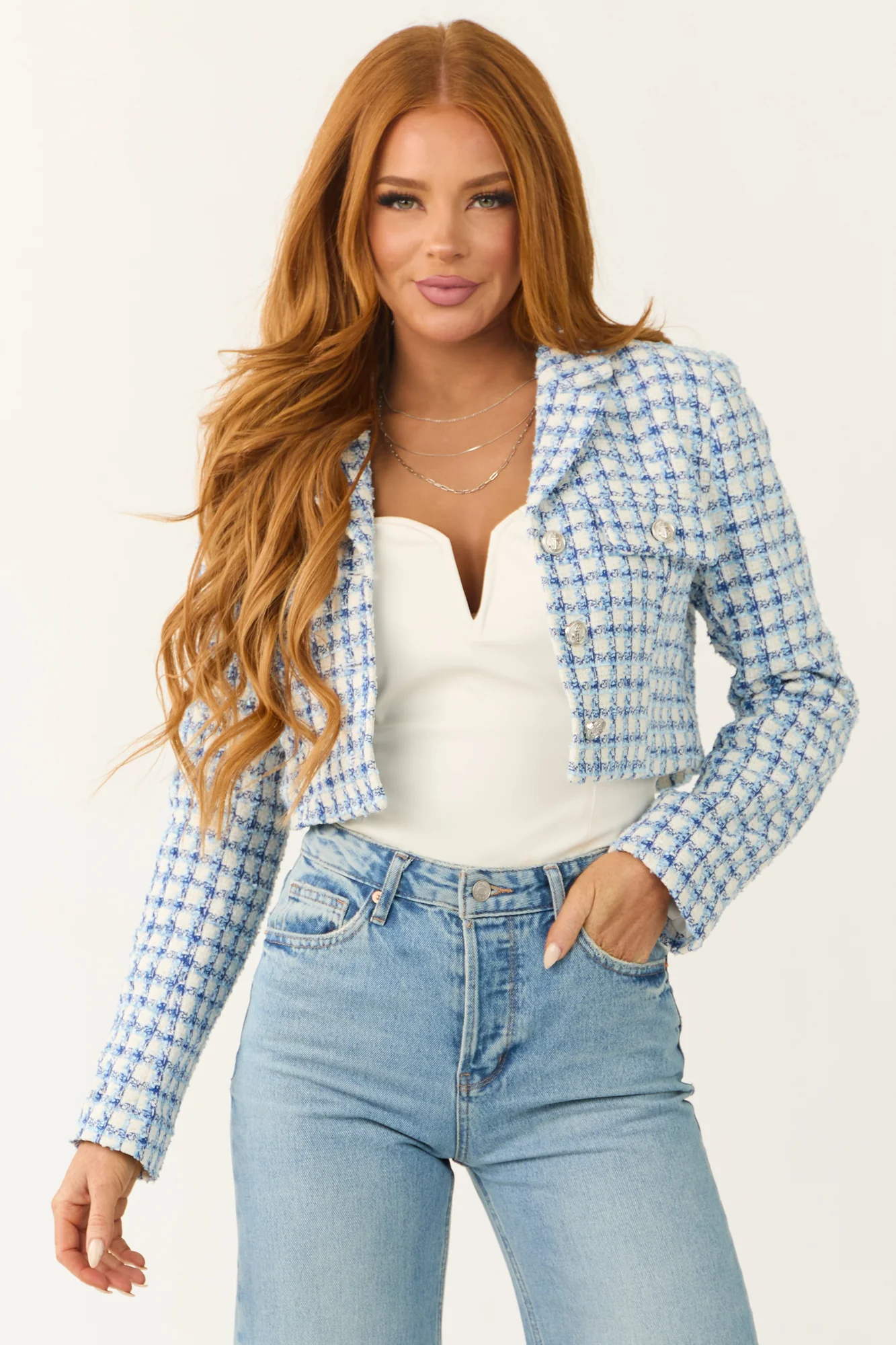 Sky Blue Tweed Plaid Cropped Jacket
